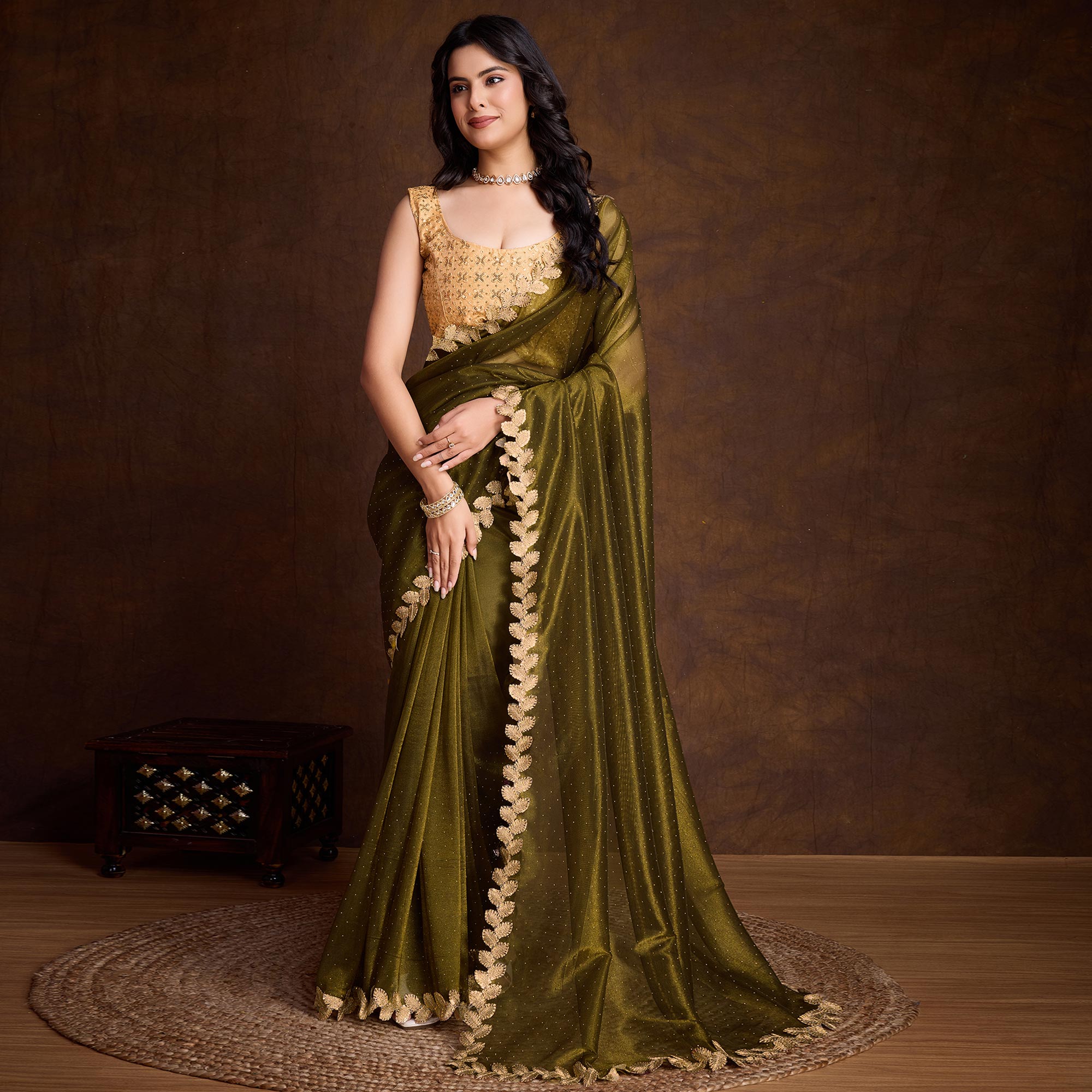 Peachmode Mehandi Green Swarovski Work Shimmer Net Saree - view 2