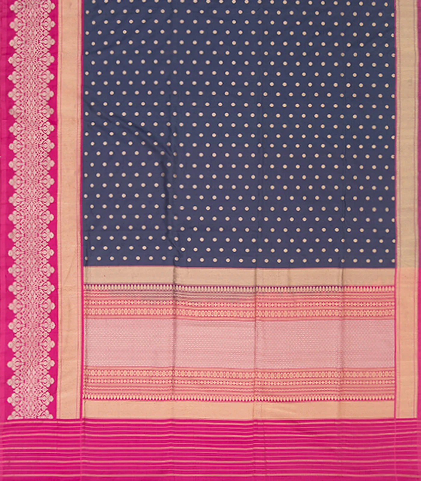 RmKV Blue Handwoven Benarasi Silk Saree With Dotted Motifs & Floral Motifs in Contrast Pink Border-Blue - view 2