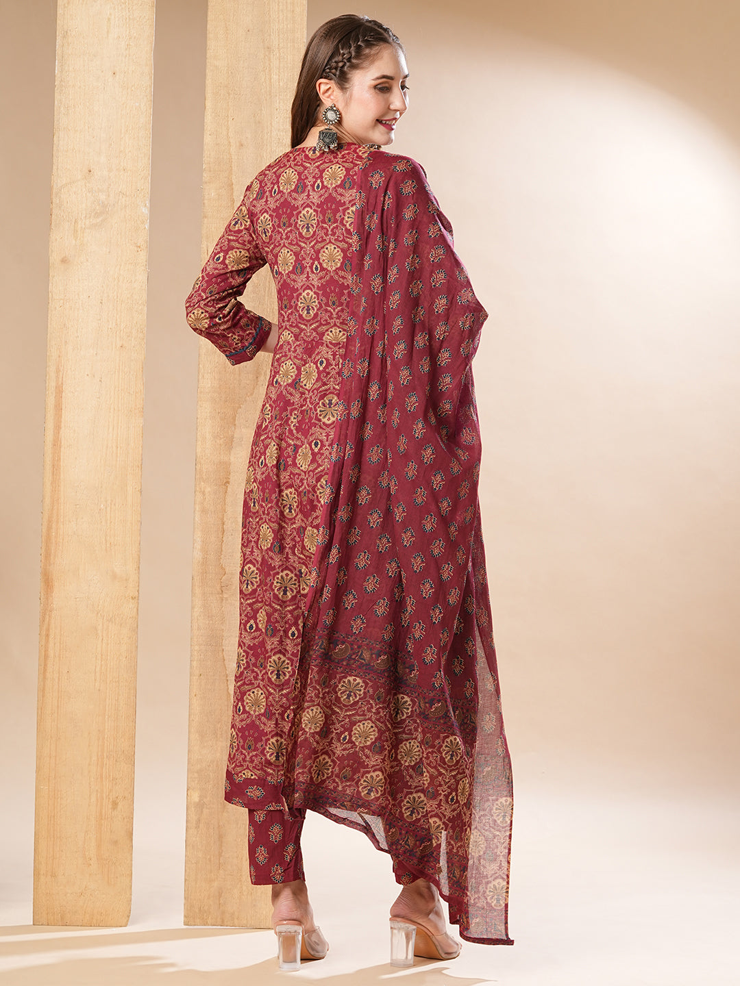 Fashor Floral Printed Resham & Sequins Embellished Anarkali with Pants & Dupatta - Dark Red - view 6