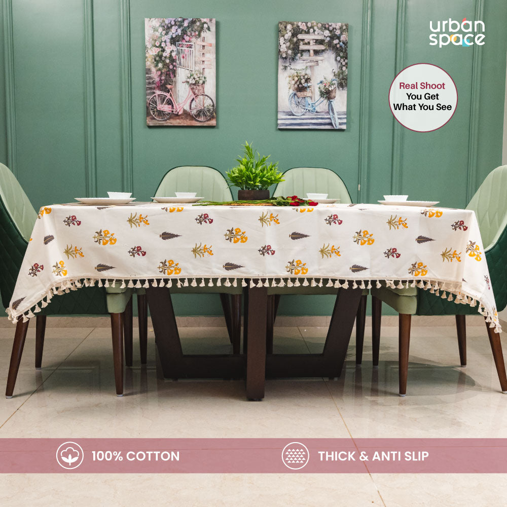 Urban Space Home Furnishing 100% Cotton Dining Table Cover, Printed Cotton Table Cloth with Boho Tassels - High Garden Yellow - view 2