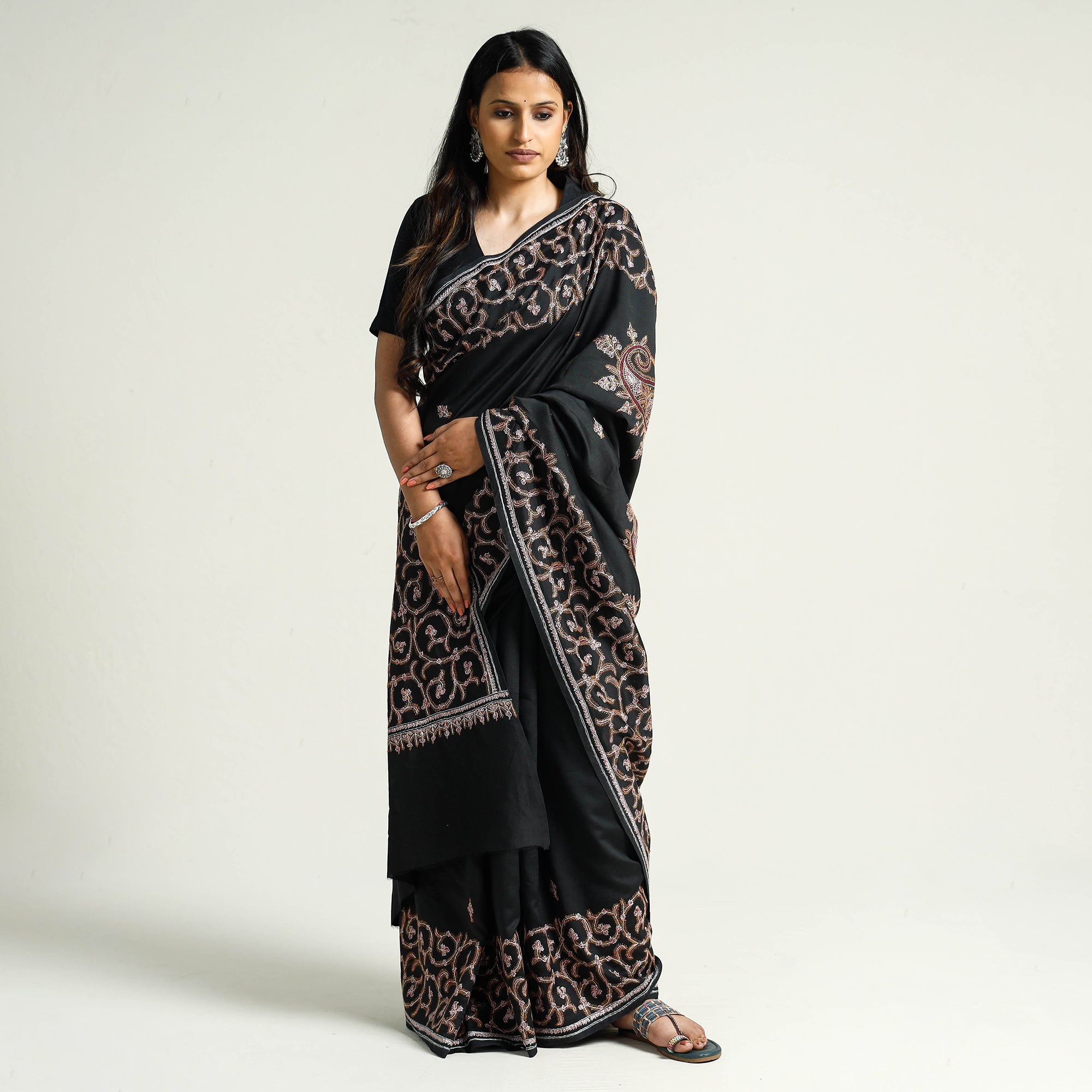 ITOKRI CRAFTS INITIATIVE Black - Kashidakari Hand Embroidery Chanderi Silk Saree with Zari Border - view 3