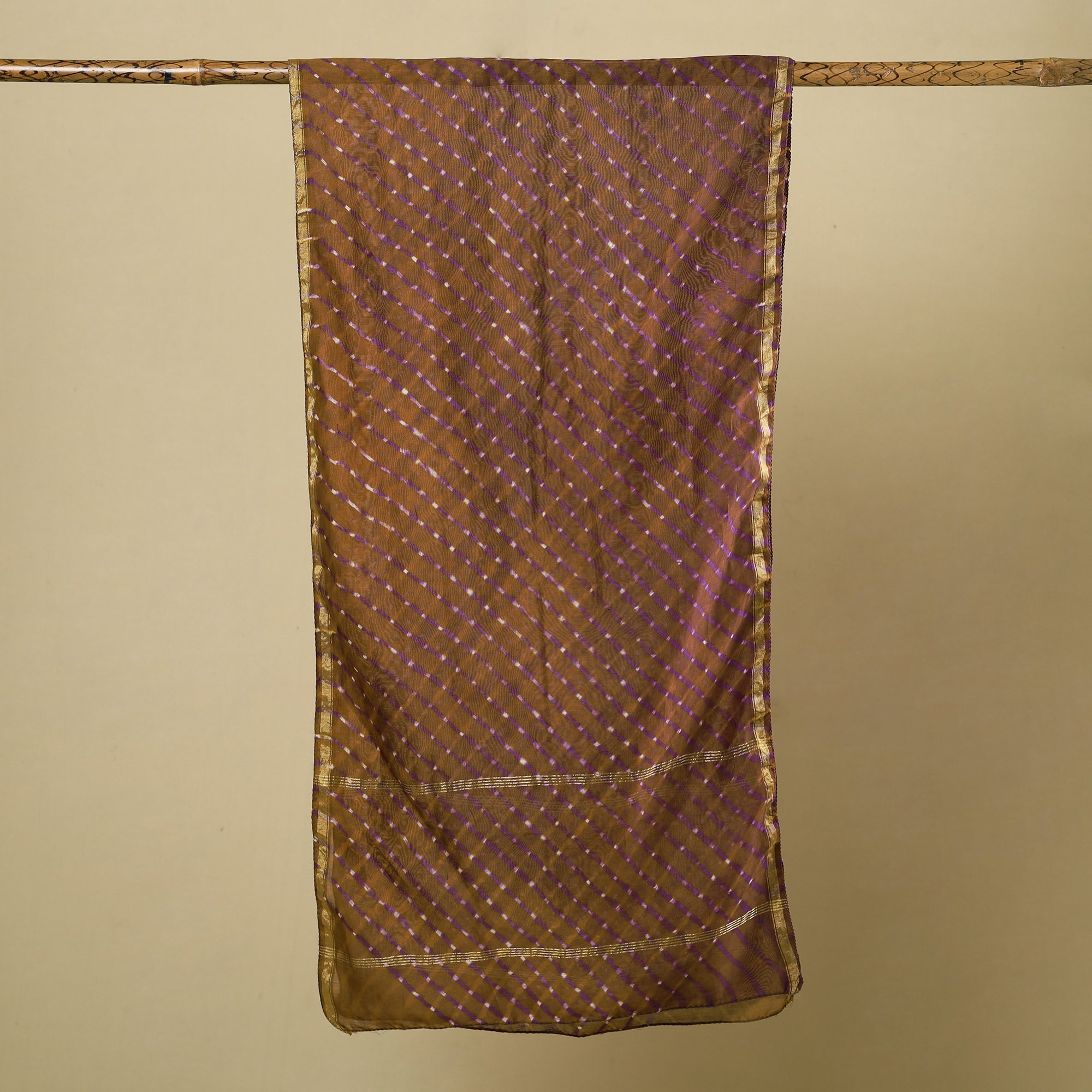 LEHARIYA BY BADSHAH MIYAN Brown - Leheriya Tie-Dye Mothra Chanderi Silk Handloom Stole with Zari Border 16 - view 2