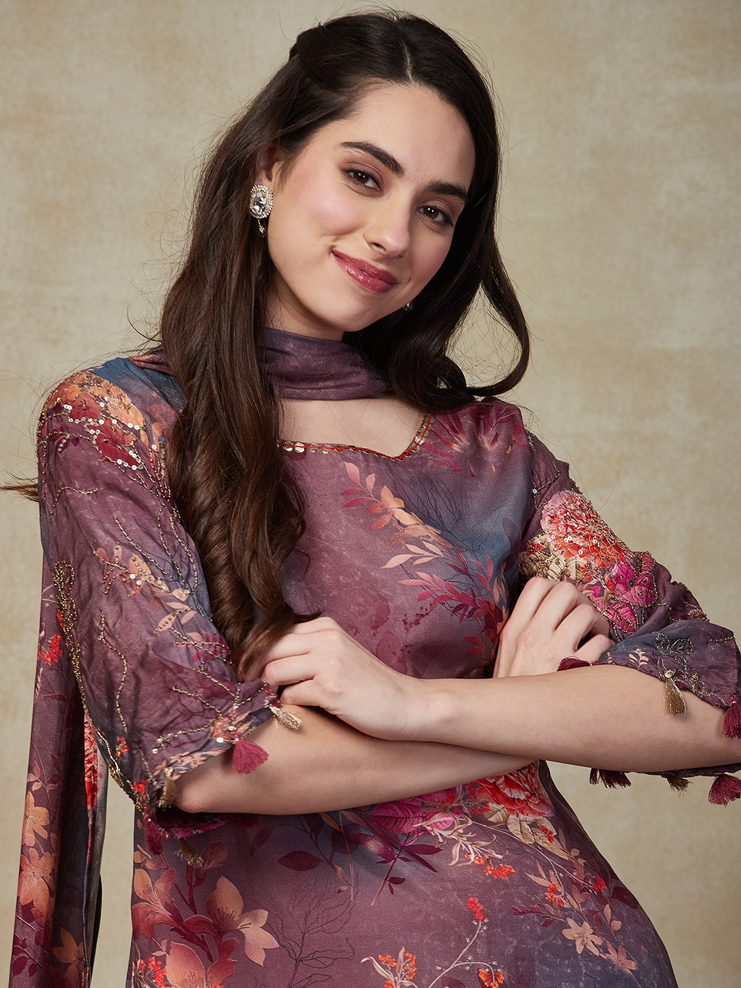 Fashor Abstract Floral Printed & Embroidered A-Line Kurta with Pant & Dupatta - Lavender - view 2