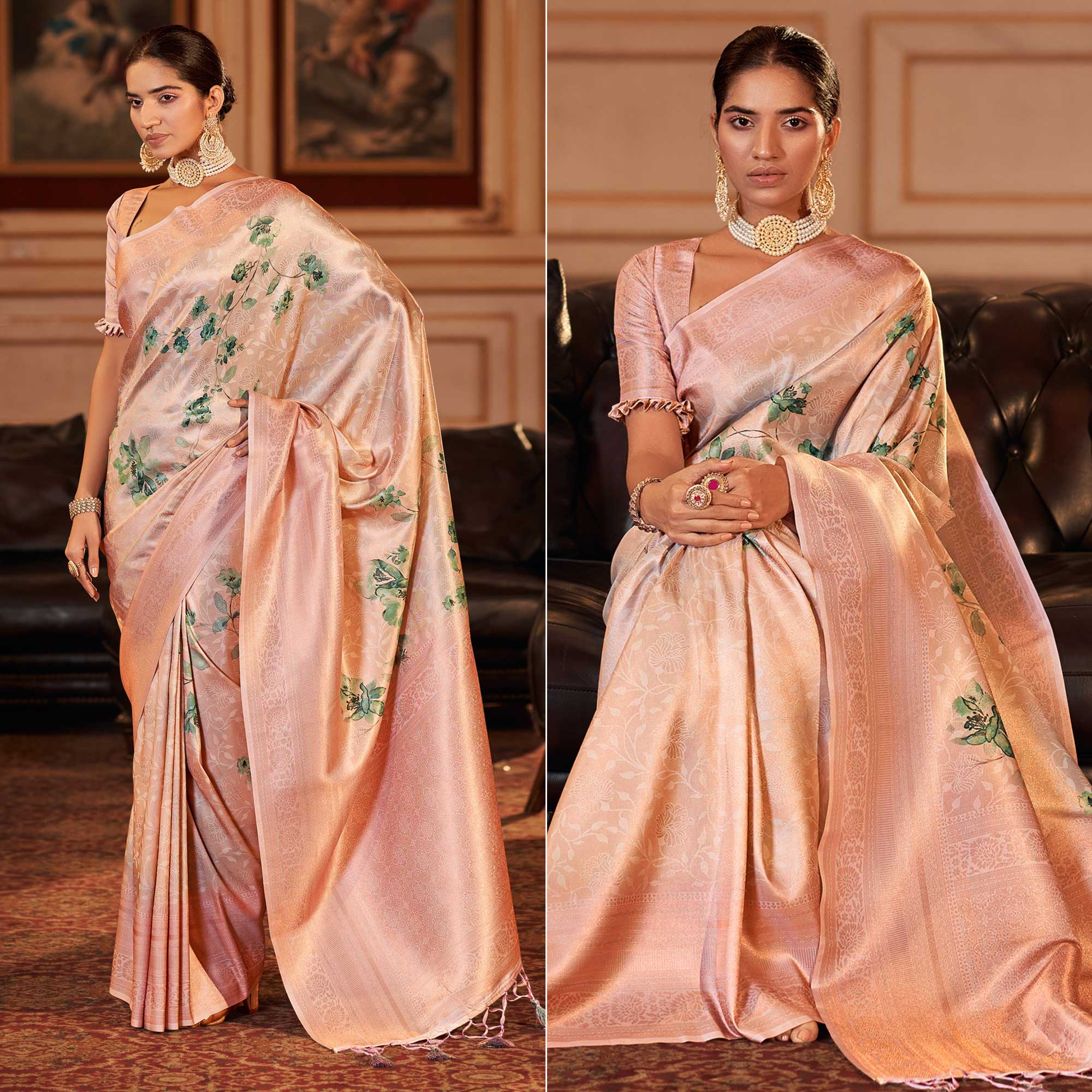 Peachmode Light Peach Woven Jacquard Saree With Tassels