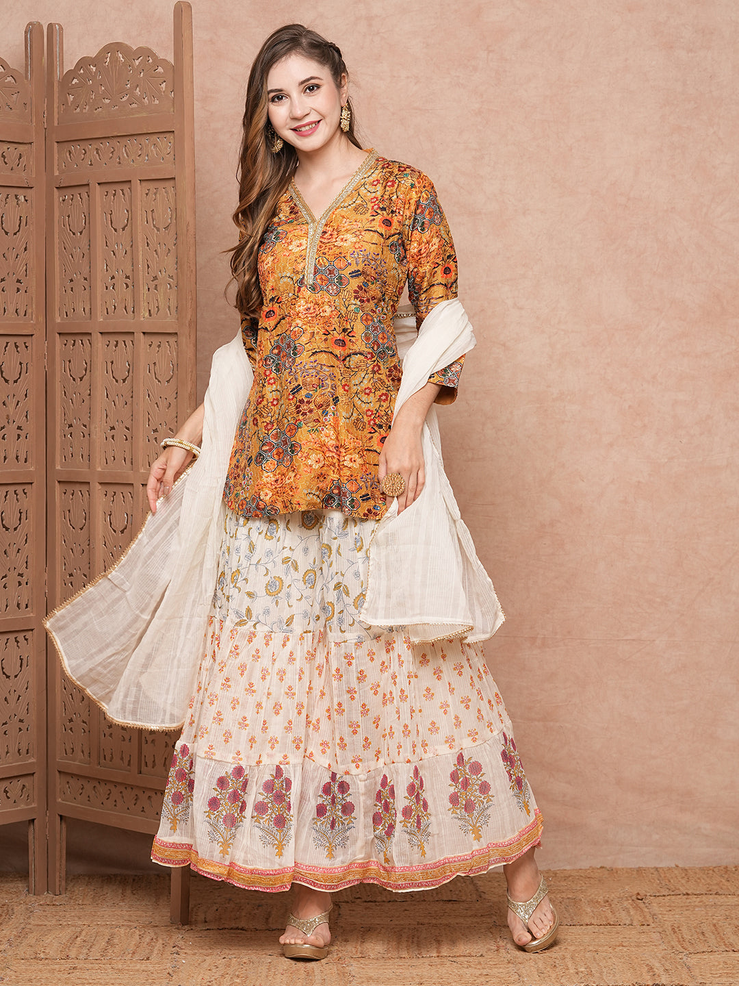 Fashor Floral Printed Sequins & Resham Embroidered kurti with Sharara & Dupatta - Mustard