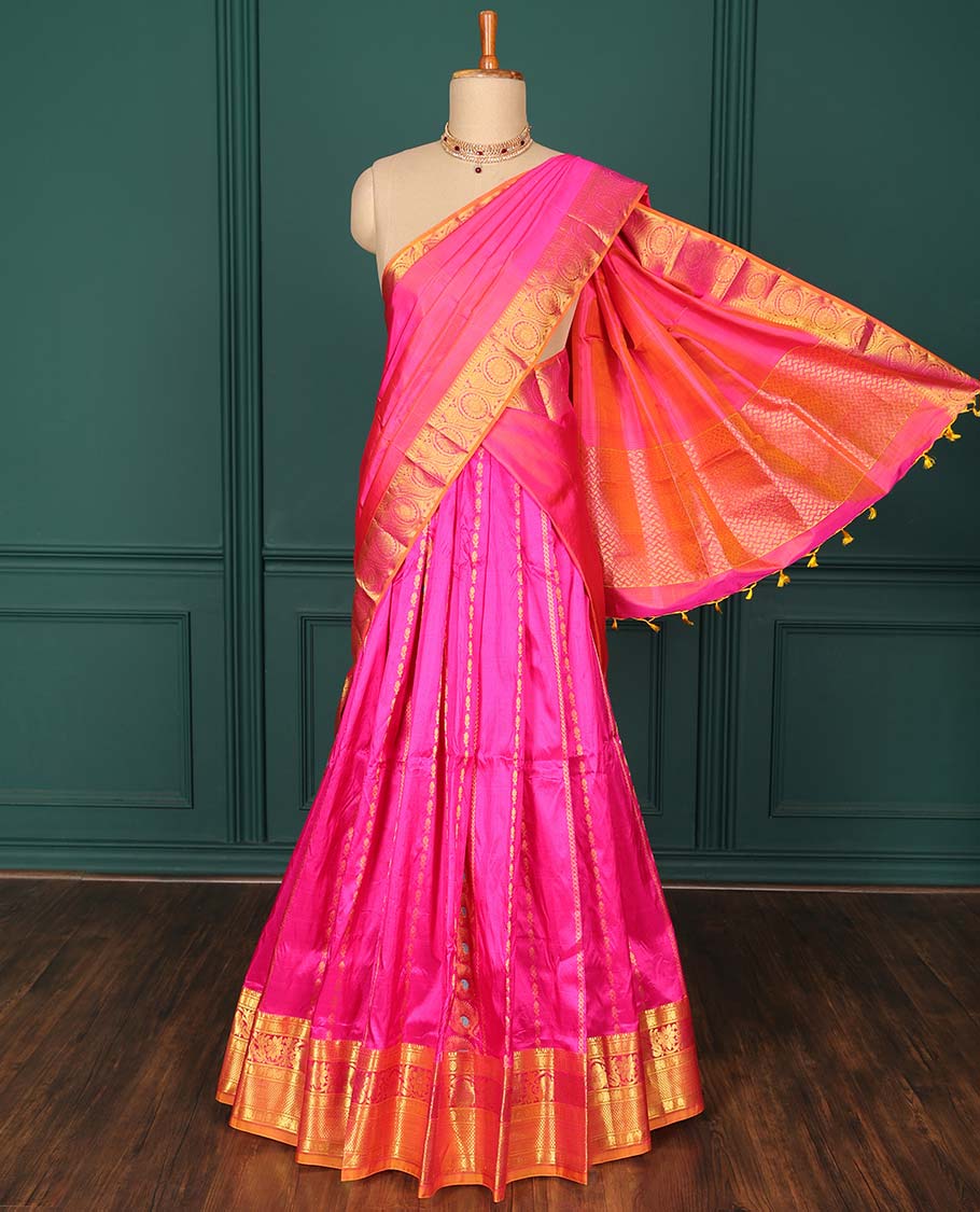 Pothys Pink zari designs pure-silk half saree, contrast zari design blouse, traditional zari design border & intricate dhavani