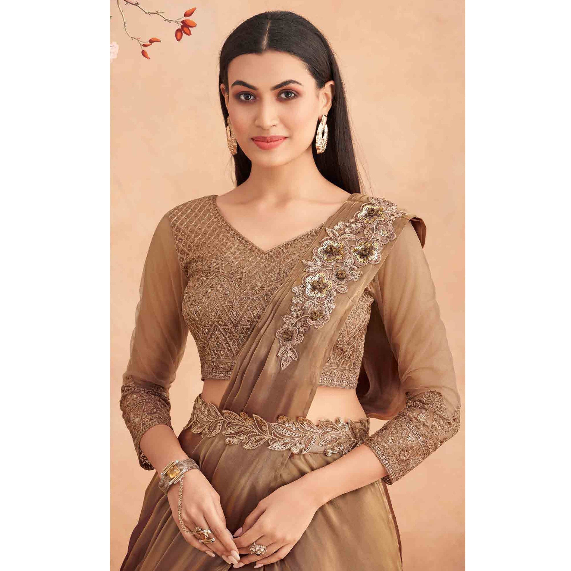 Peachmode Seller Brown Sequins Embroidered Ready to Wear Art silk saree - view 4
