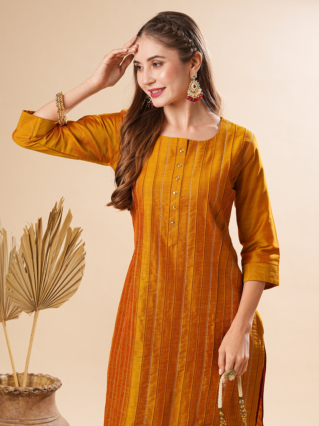 Fashor Solid Pin-Tucks Kurta with Resham & Sequins Embroidered Pants - Mustard - view 2