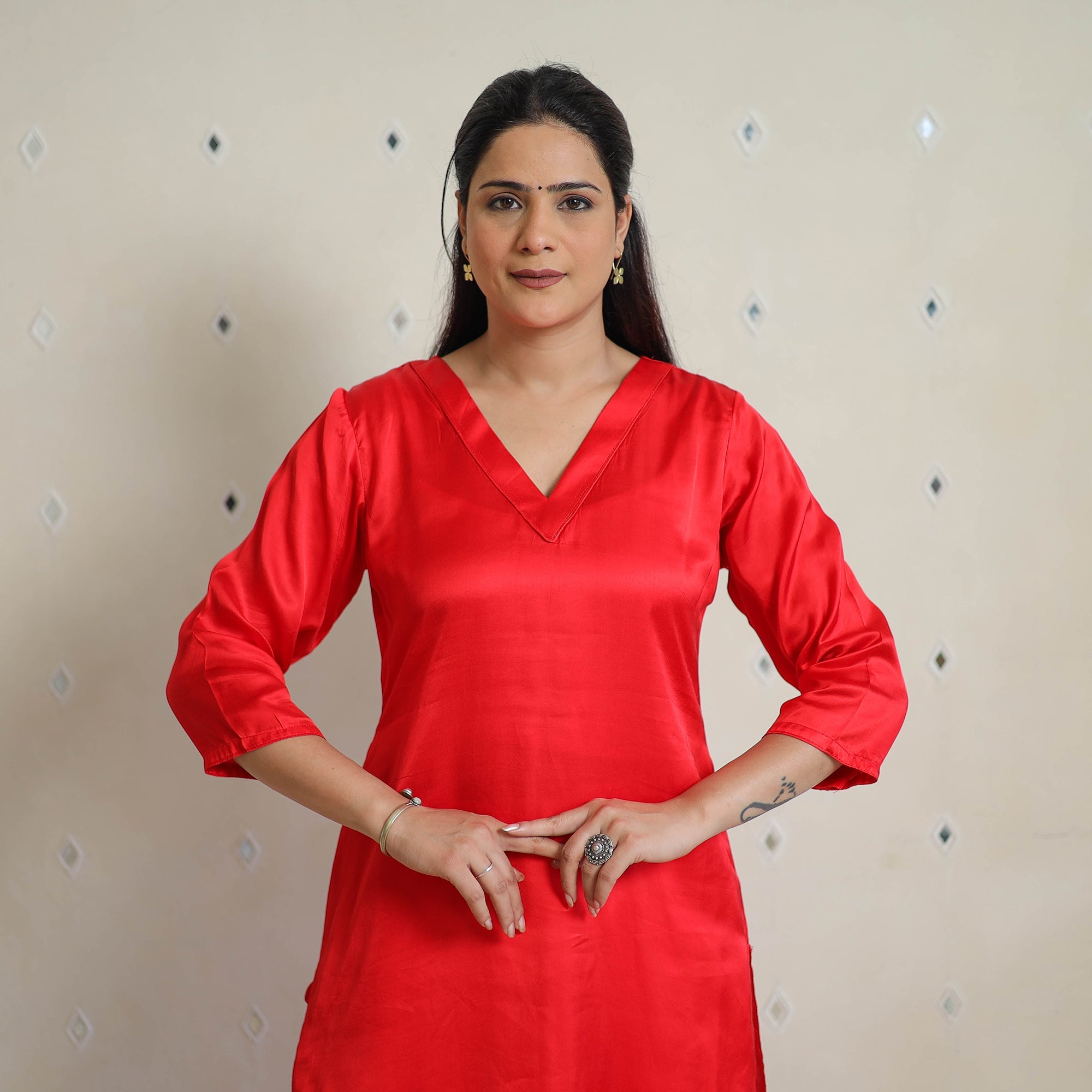 ITOKRI CASUALS Ananya Dark Red Modal Silk Plain Straight Kurta