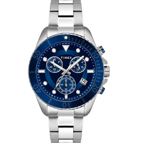 Timex E Class Men's Blue Dial Round Case Chronograph Date Function Watch 47mm TWEG20103
