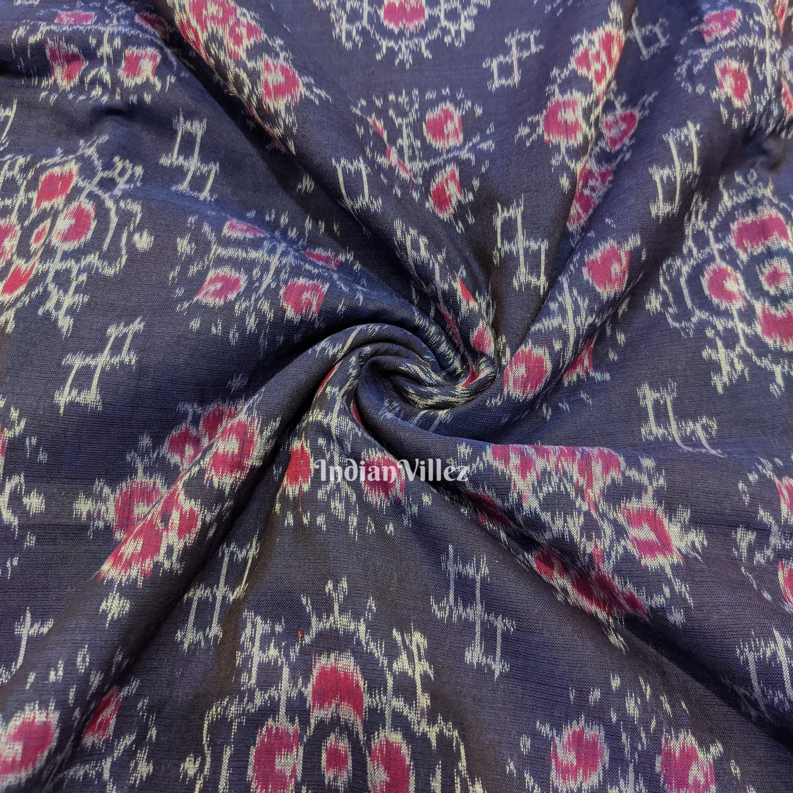 IndianVillèz Aubergine Blue Tribal Jhoti Design Sambalpuri Ikat Cotton Fabric