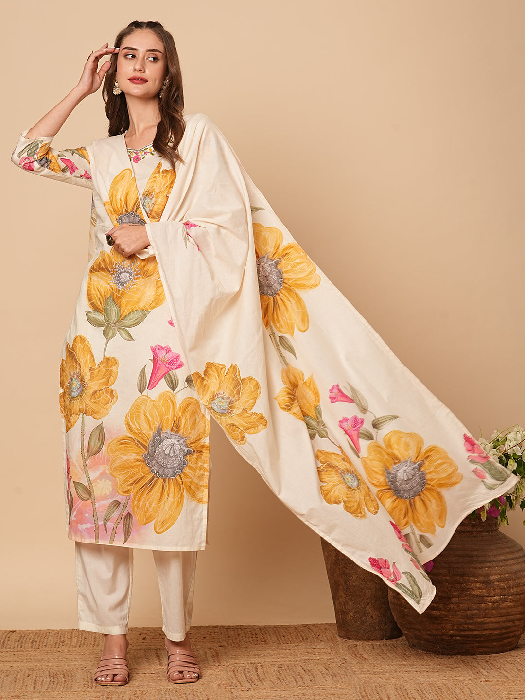 Fashor Floral Printed Beads & Resham Embroidered Kurta with Pants & Dupatta - Off White