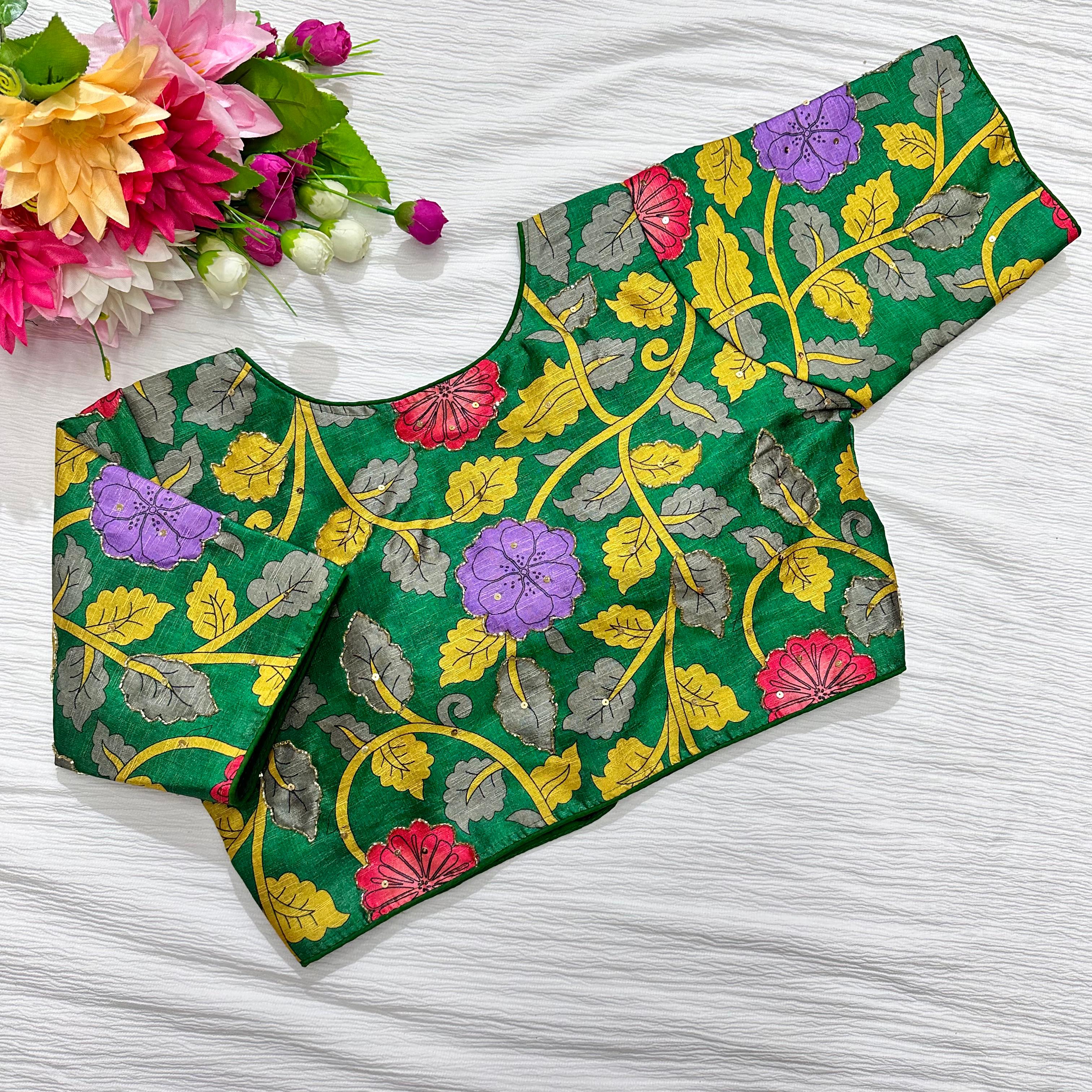 ClothsVilla Green Pure Silk Blouse with Antique Handcrafted Detailing - view 2