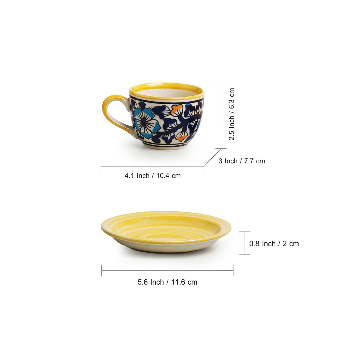 EXCLUSIVELANE 'Badamwari Bagheecha' Handpainted Ceramic Coffee & Tea Cups With Saucers (Set of 6, 120 ML, Microwave Safe) - view 6