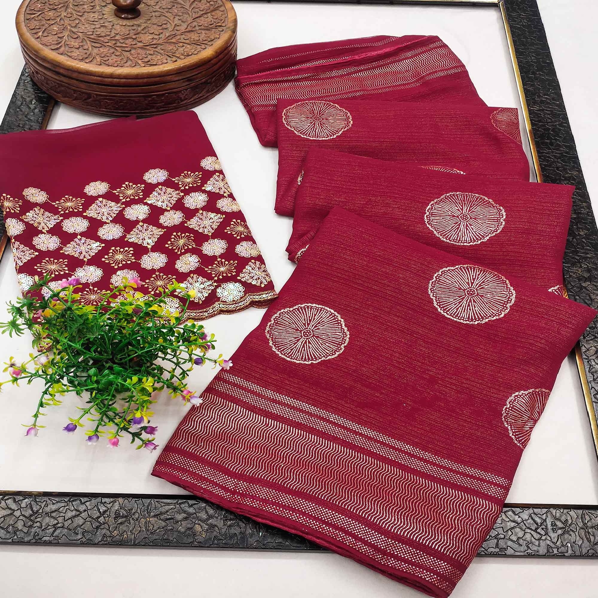 Peachmode Maroon Foil Printed Georgette Saree