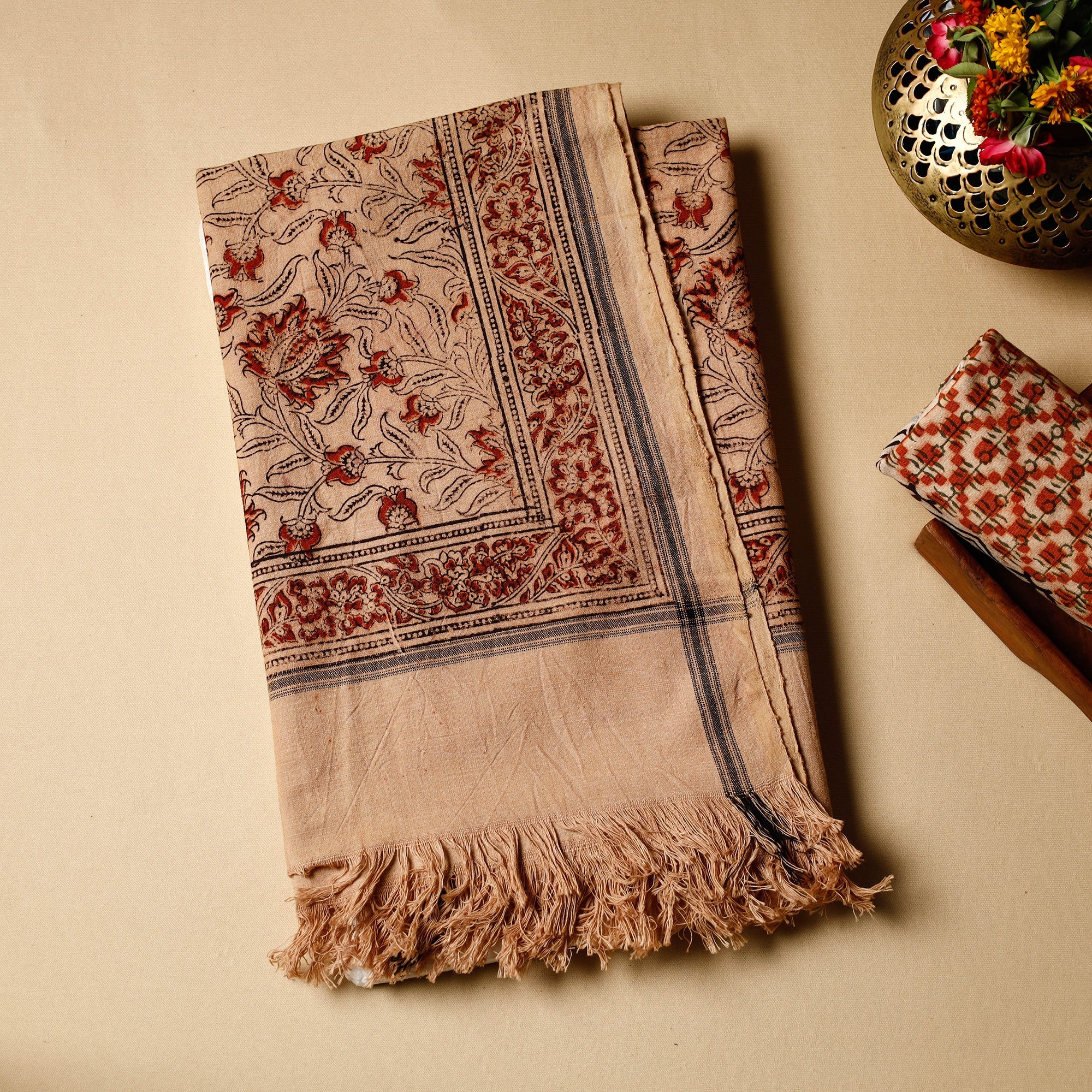 PITCHUKA SRINIVAS KALAMKARI PEDANA Beige - Pedana Kalamkari Block Printed Handloom Cotton Towel