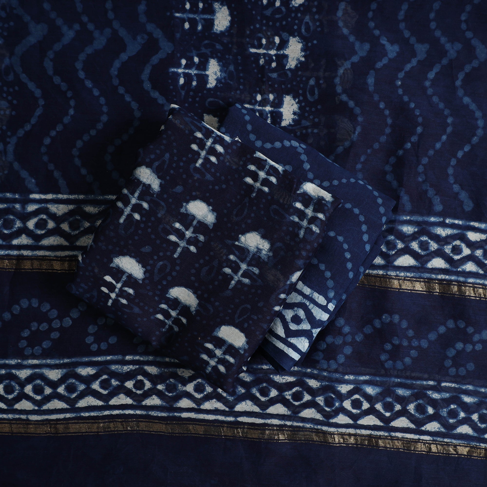 ARTISAN HAND BLOCK PRINTS Blue - 3pc Chanderi Silk Indigo Bagru Print Dress Material 03 - view 2