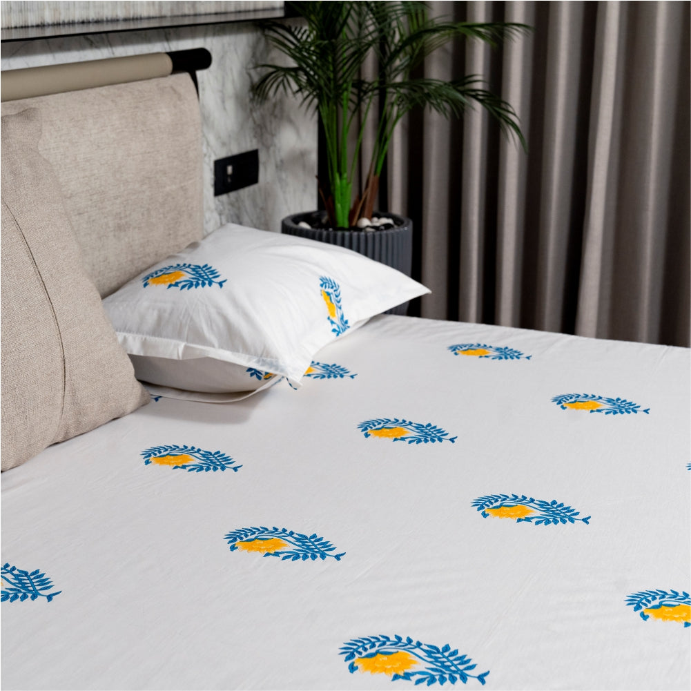 Urban Space -Home Furnishing Store Fitted King Size Cotton Bedsheet - Ethnic Motif - Yellow