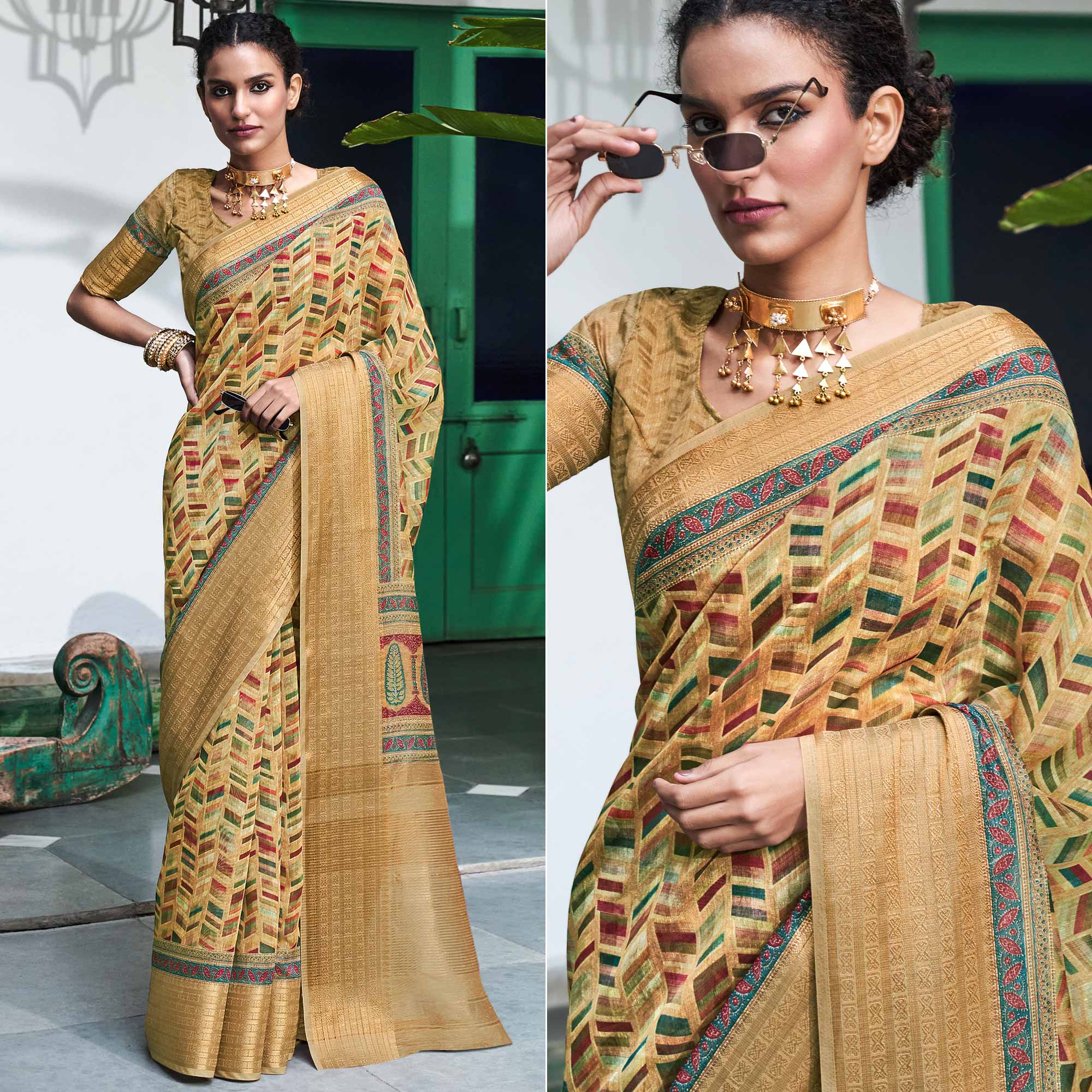 Peachmode Chikoo Digital Printed Linen Saree – Women's