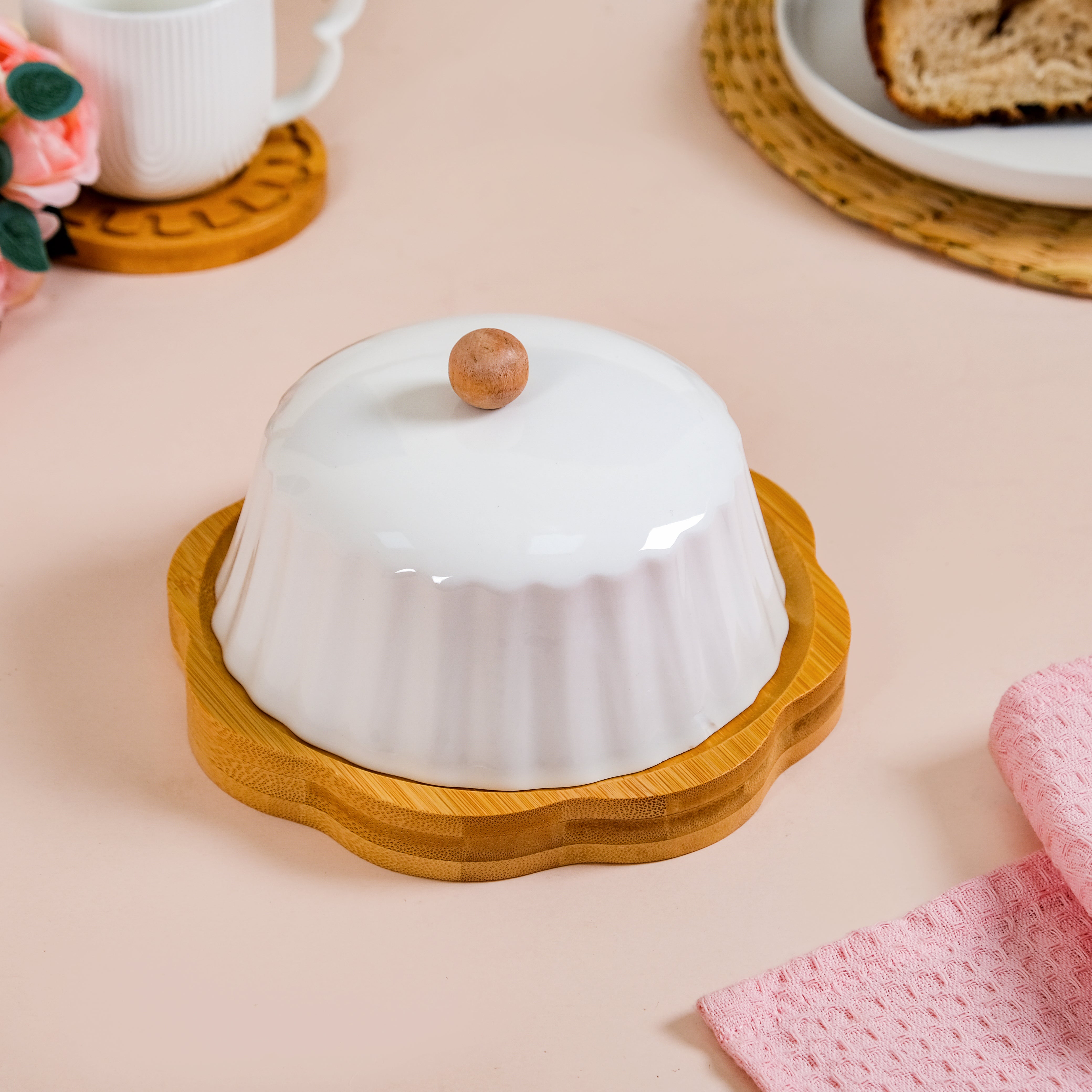 Nestasia Round Wooden Dish With Fluted Texture Ceramic Lid