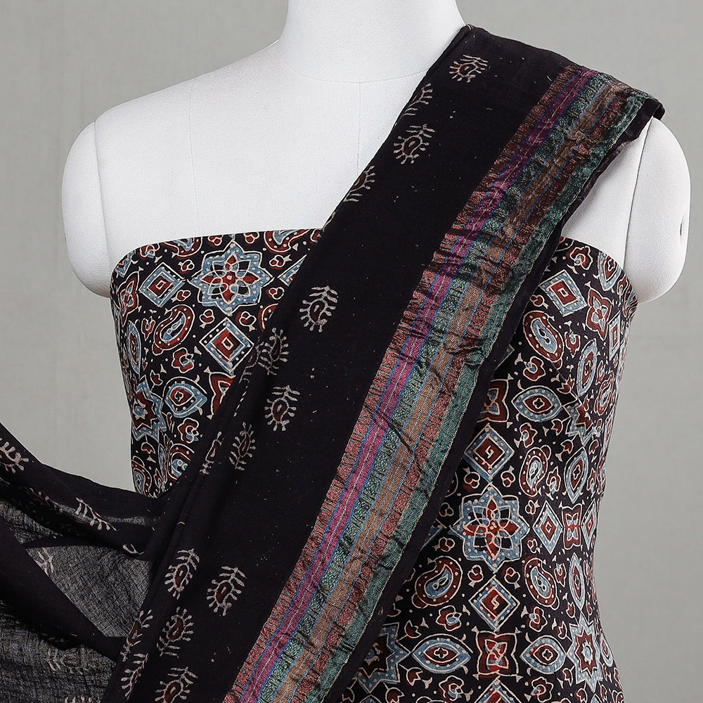 KACHCHH JI CHHAAP Black - 3pc Ajrakh Block Printed Cotton Suit Material Set - view 3