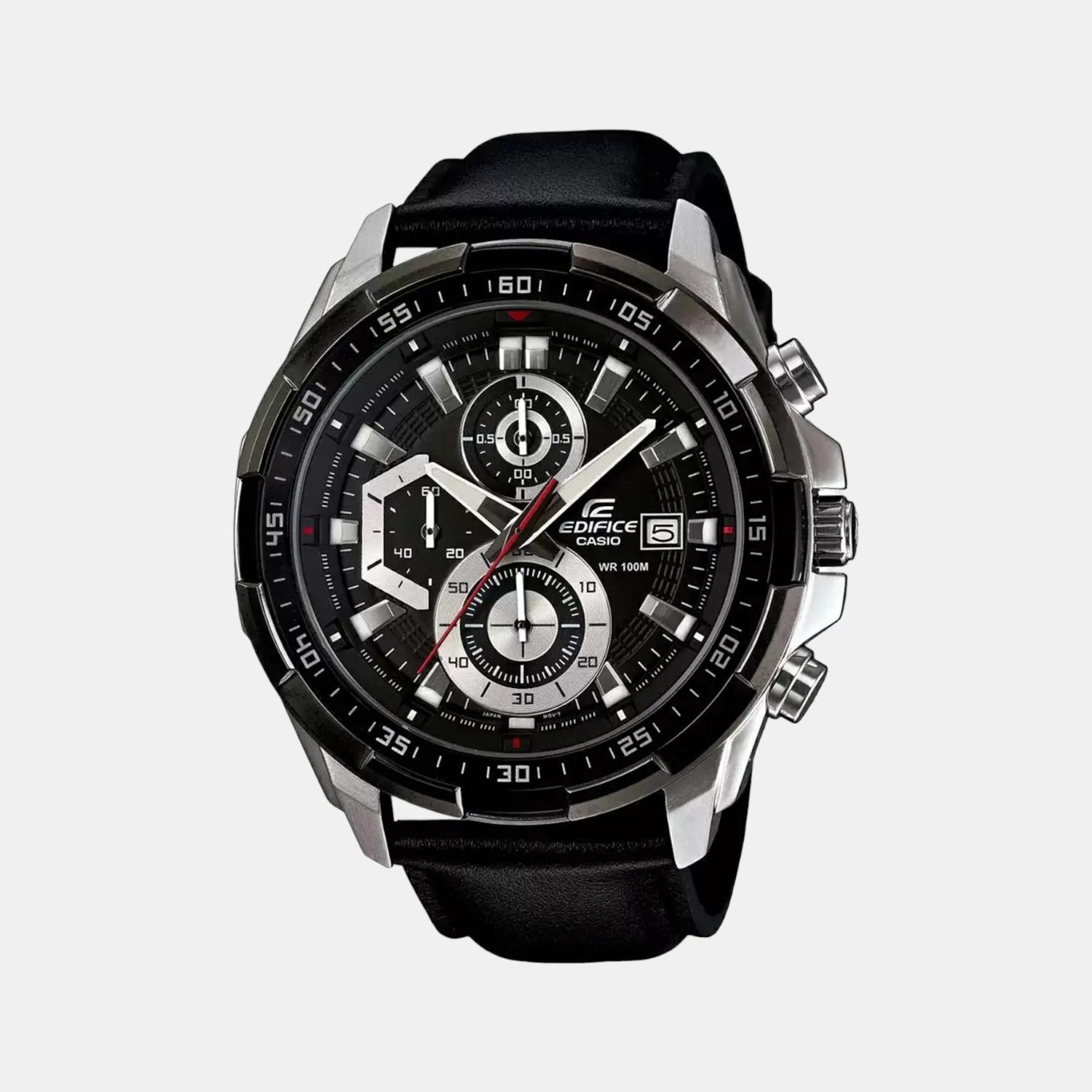 Casio Edifice Men Quartz Black Dial Chronograph Leather Watch EX193