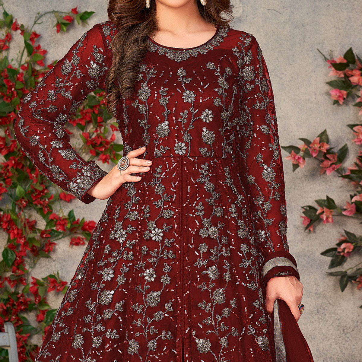 Peachmode Maroon Zardosi Work Netted Gown - view 2