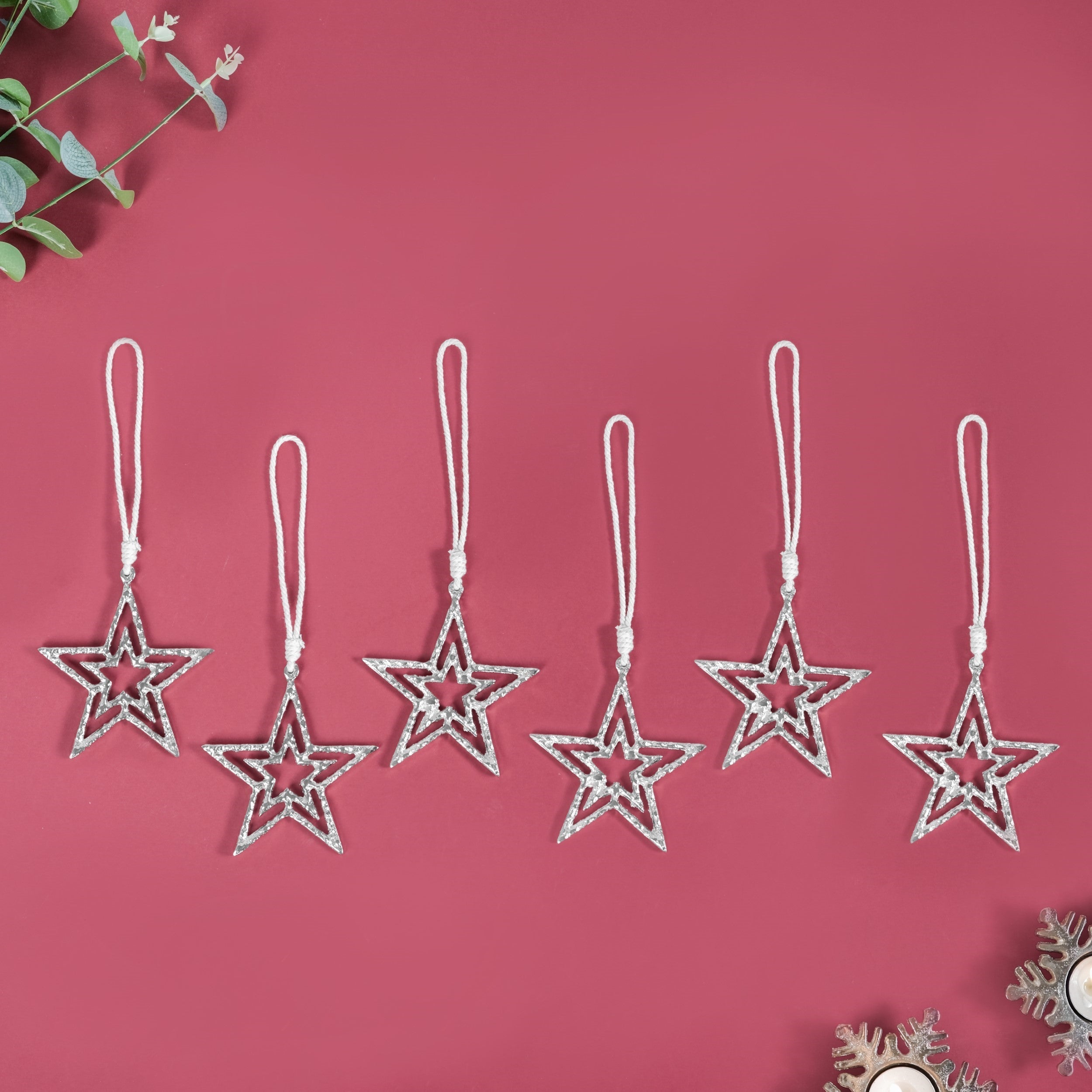 Nestasia Set Of 6 Silver Star Christmas Tree Decoration Ornaments