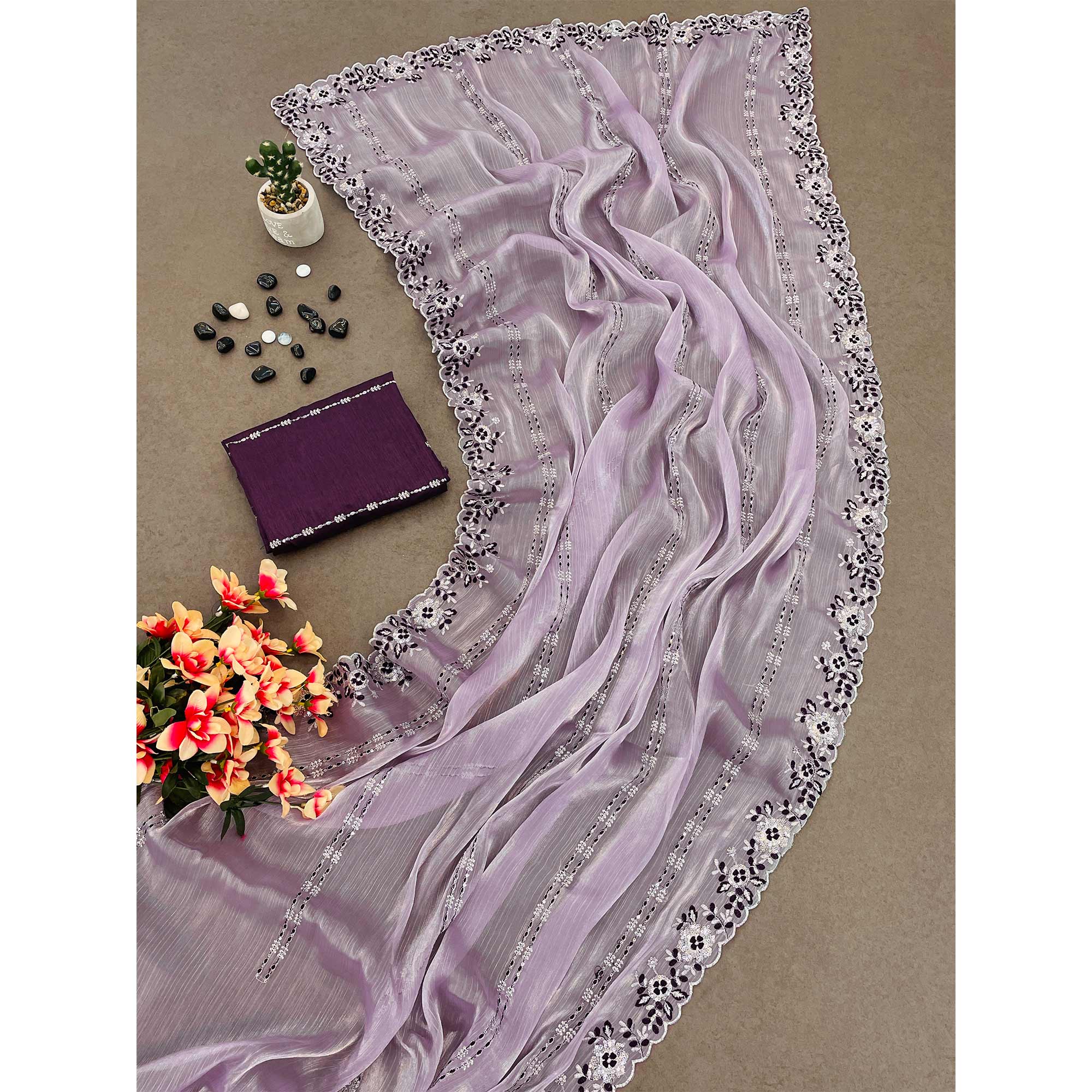 Peachmode Lavender Sequins Embroidered Chiffon Saree - view 3