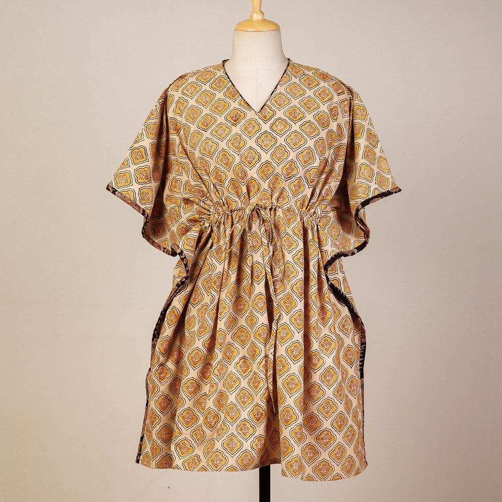 CHUTNEY CRAFT STUDIO Beige - Block Print Cotton Kalamkari Kaftan with Tie-Up Waist (Medium)