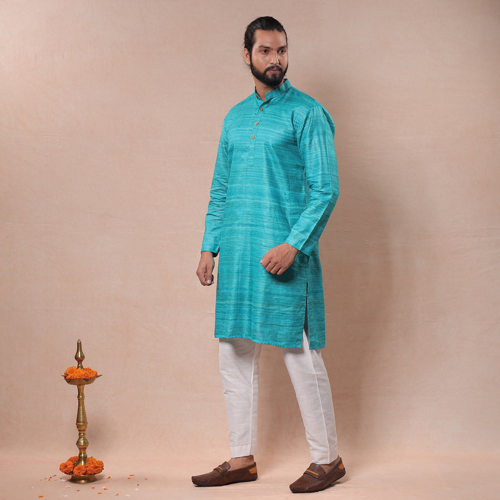 ITOKRI CASUALS Aqua Blue - Men Tussar Ghicha Silk Handloom Long Kurta