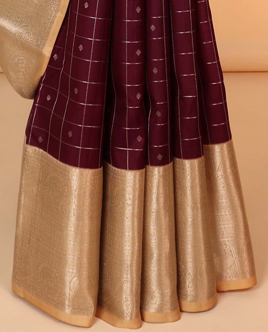 Pothys Maroon buttas & checked silk saree, contrast intricate pallu & border steeped with traditional zari motifs - view 4