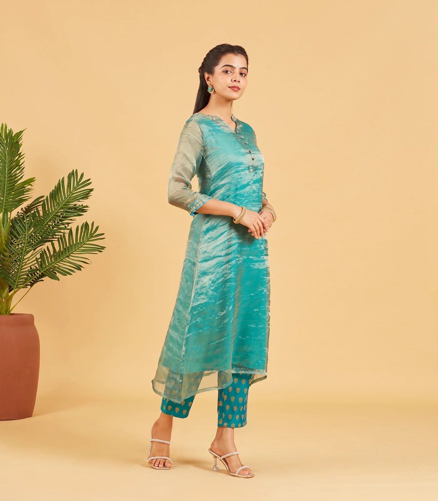 RmKV Teal And Gold Tissue Kurta