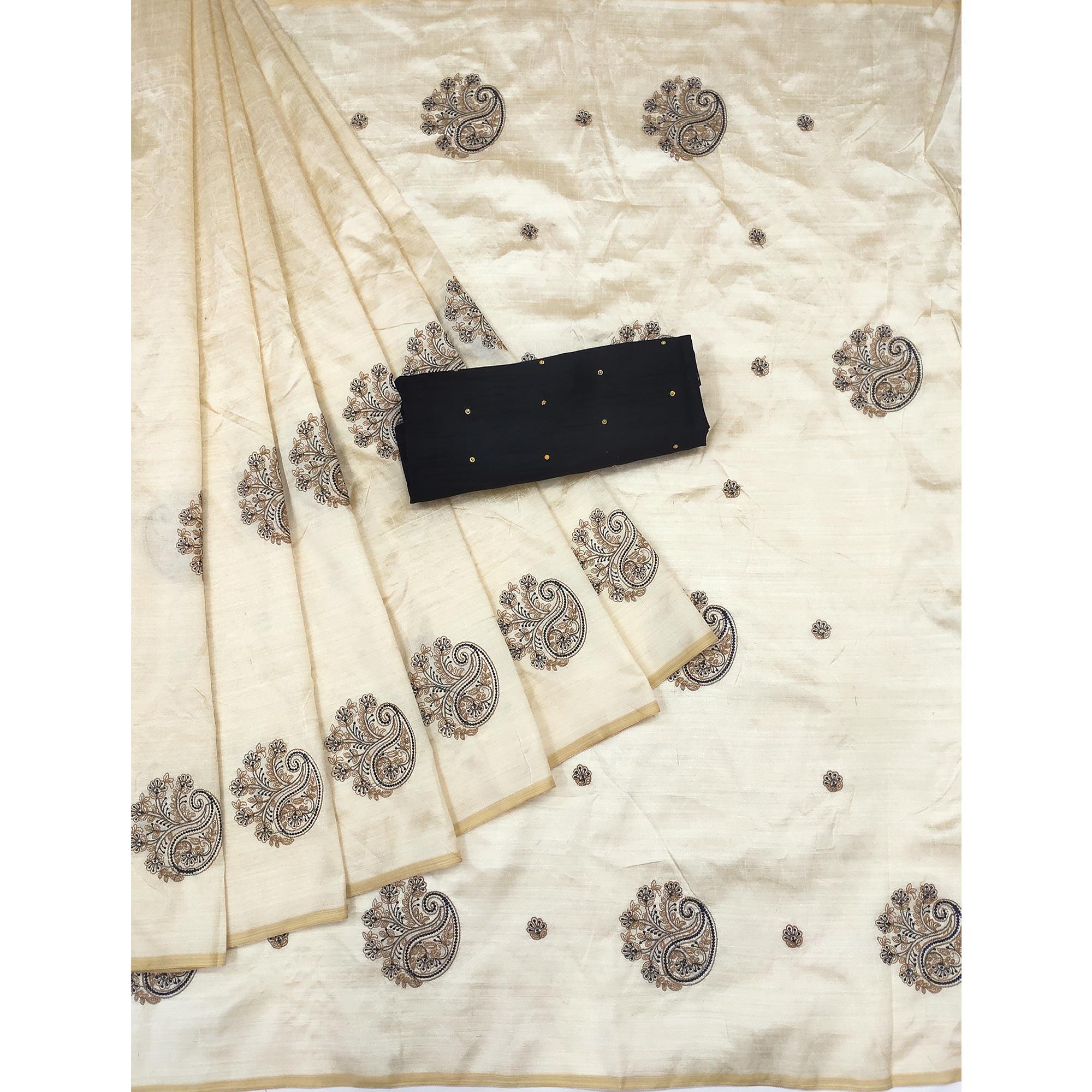 Peachmode Cream-Black Embroidered Assam Silk Saree - view 3