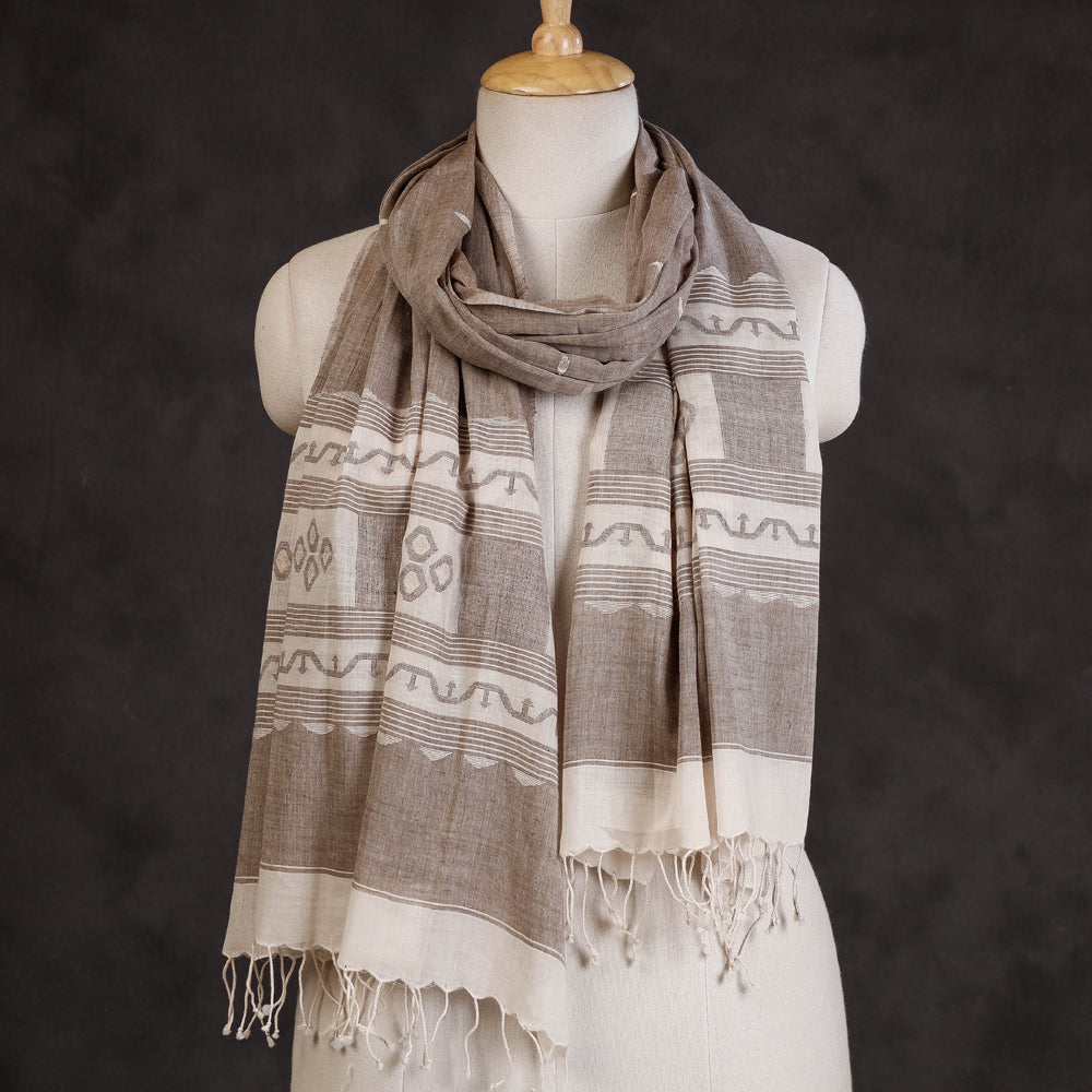 PARAMPARIK KARIGAR EXHIBITION ARTISANS Brown - Authentic Dhakai Muslin Jamdani Handwoven Pure Cotton Stole with Tassels