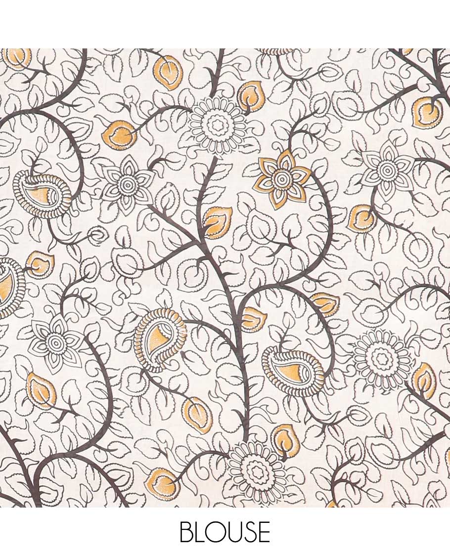 Pothys Orange batik machine-printed kalamkari cotton saree, self-border & peacock pallu - view 2
