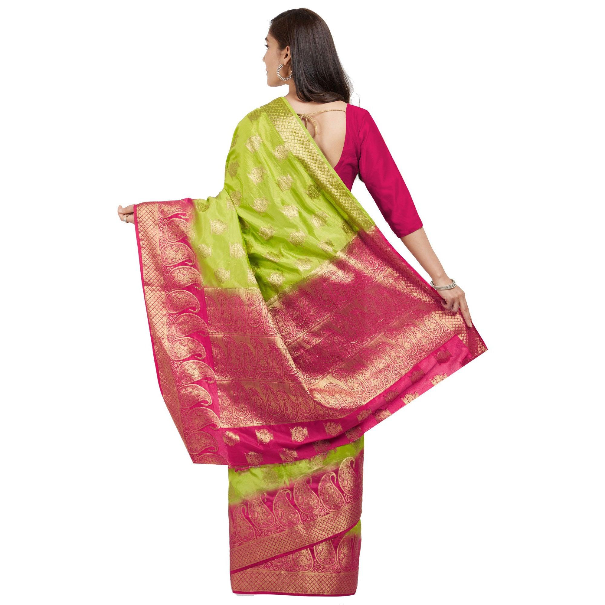 Peachmode Exceptional Green Colored Festive Wear Woven Cotton Silk Saree - view 5