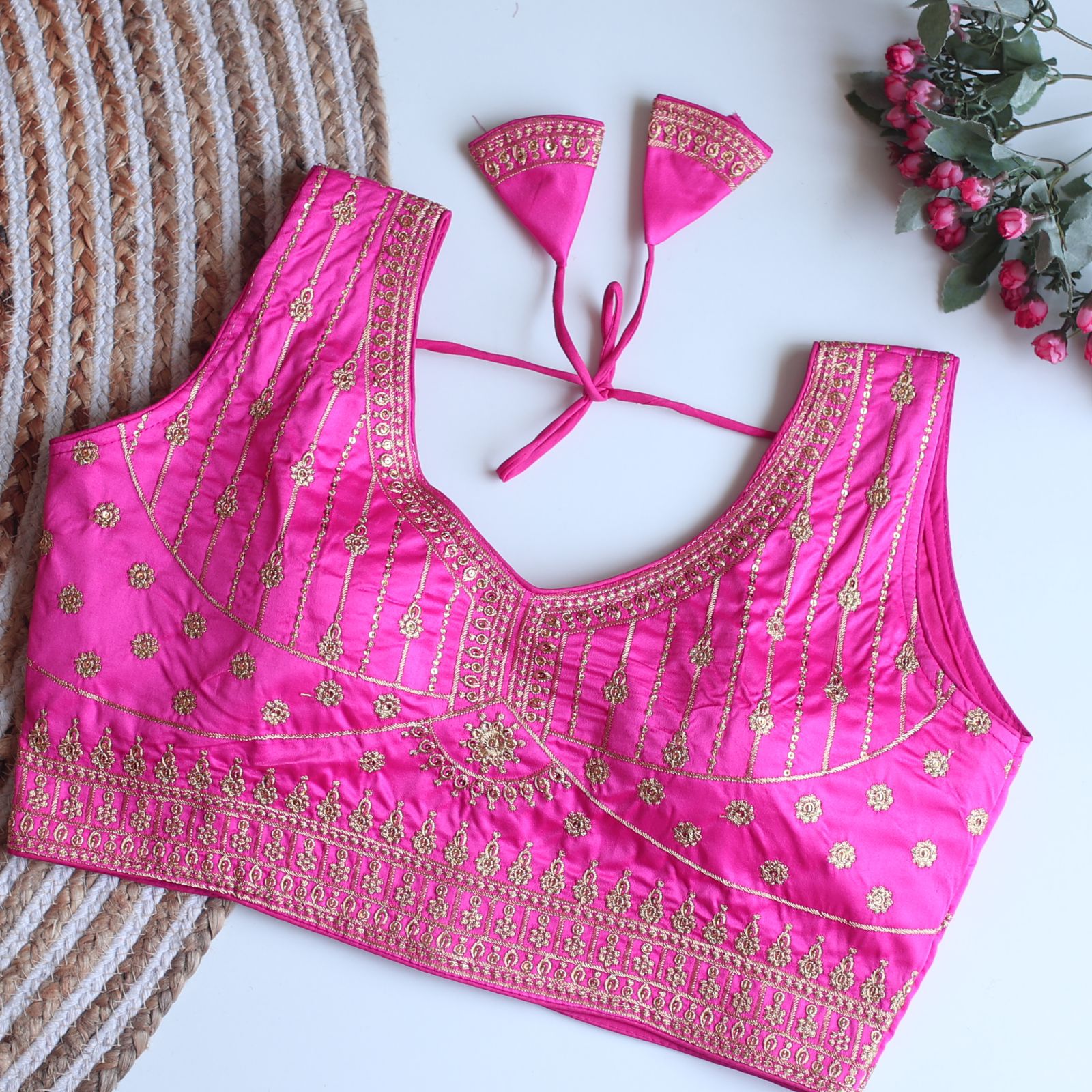 ClothsVilla Baby Pink Full Embroidery Monsoon Silk Blouse with Golden Sequin Design