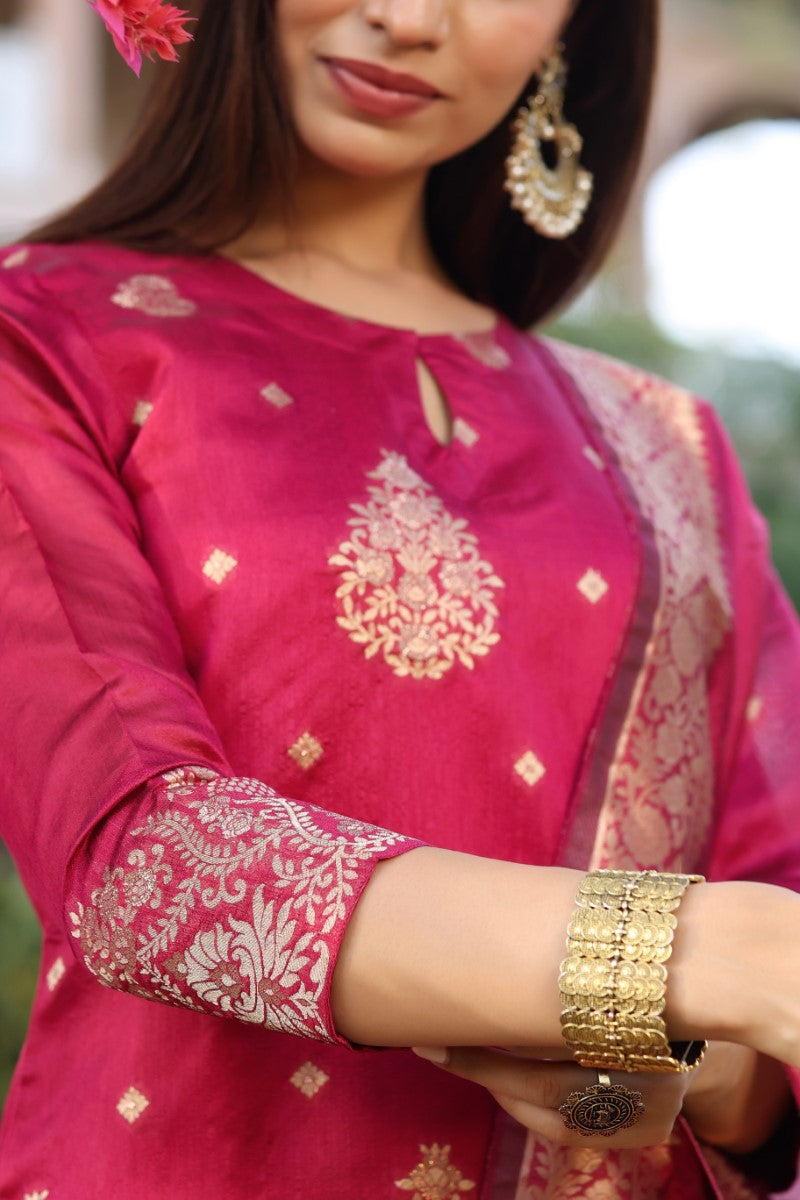 AHIKA Women Maroon Woven Design Kurta Trousers With Dupatta PKSKD1193 - view 7