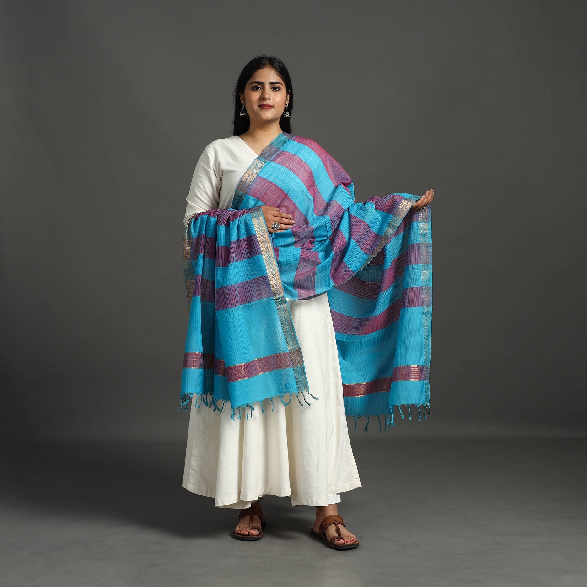 SOUTH KARGHA Blue - Original Mangalagiri Handloom Cotton Dupatta with Zari Border