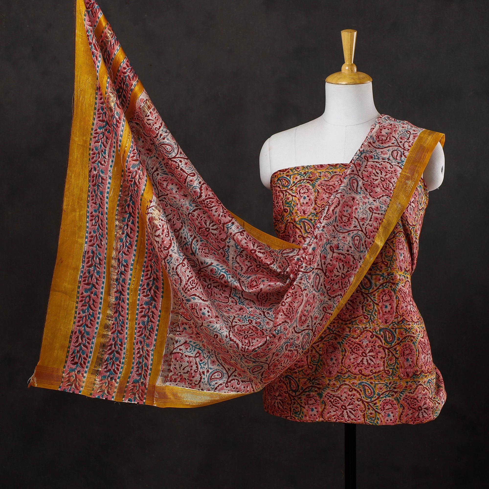 ARTISAN HAND BLOCK PRINTS 3pc Sanganeri Block Printed Maheshwari Silk Suit Material Set