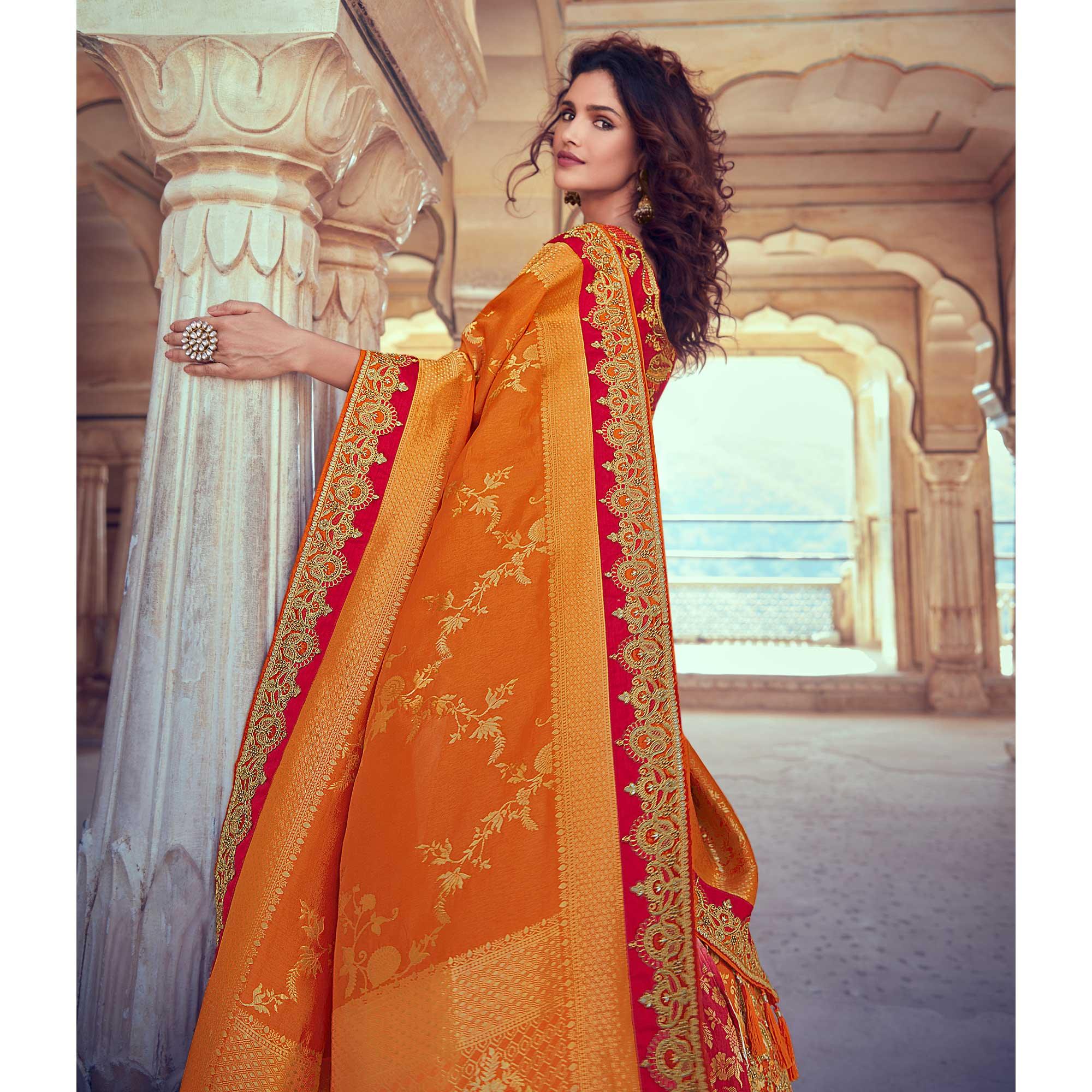 Peachmode Chiku & Orange Wedding Wear Woven & Embroidered Silk Lehenga Choli - view 2