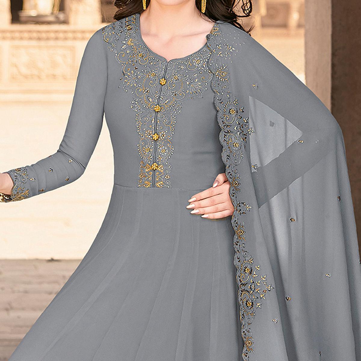 Peachmode Grey Partywear Embroidered Soft Georgette Suit - view 3