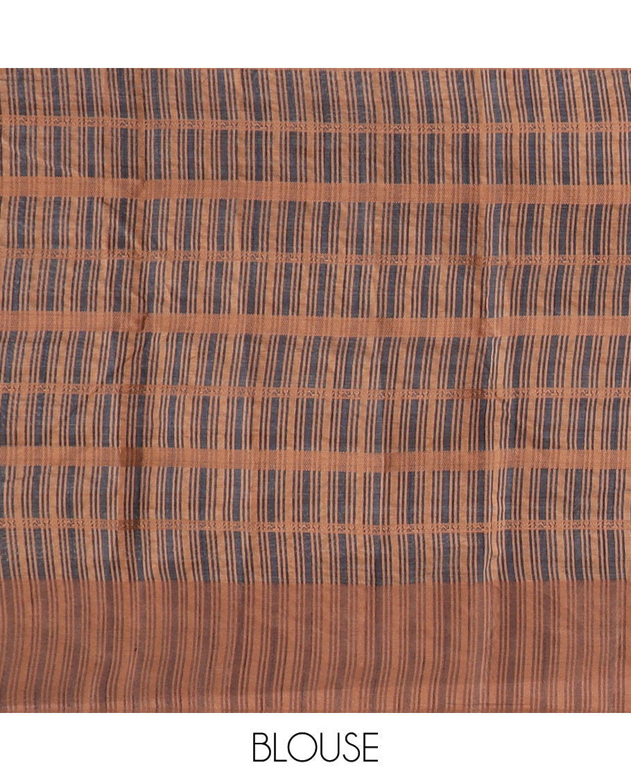 Pothys Blue striped semi-banaras tussar saree with contrast border & checked pallu - view 2