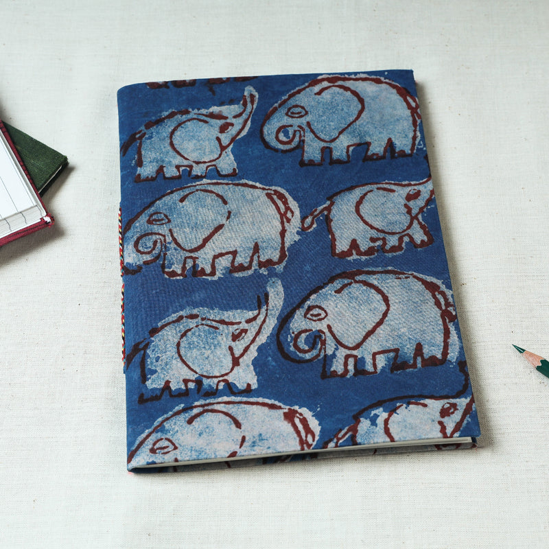 CHUTNEY CRAFT STUDIO Blue - Art Block Print Fabric Cover Handmade Paper Notebook (9 x 7 in)