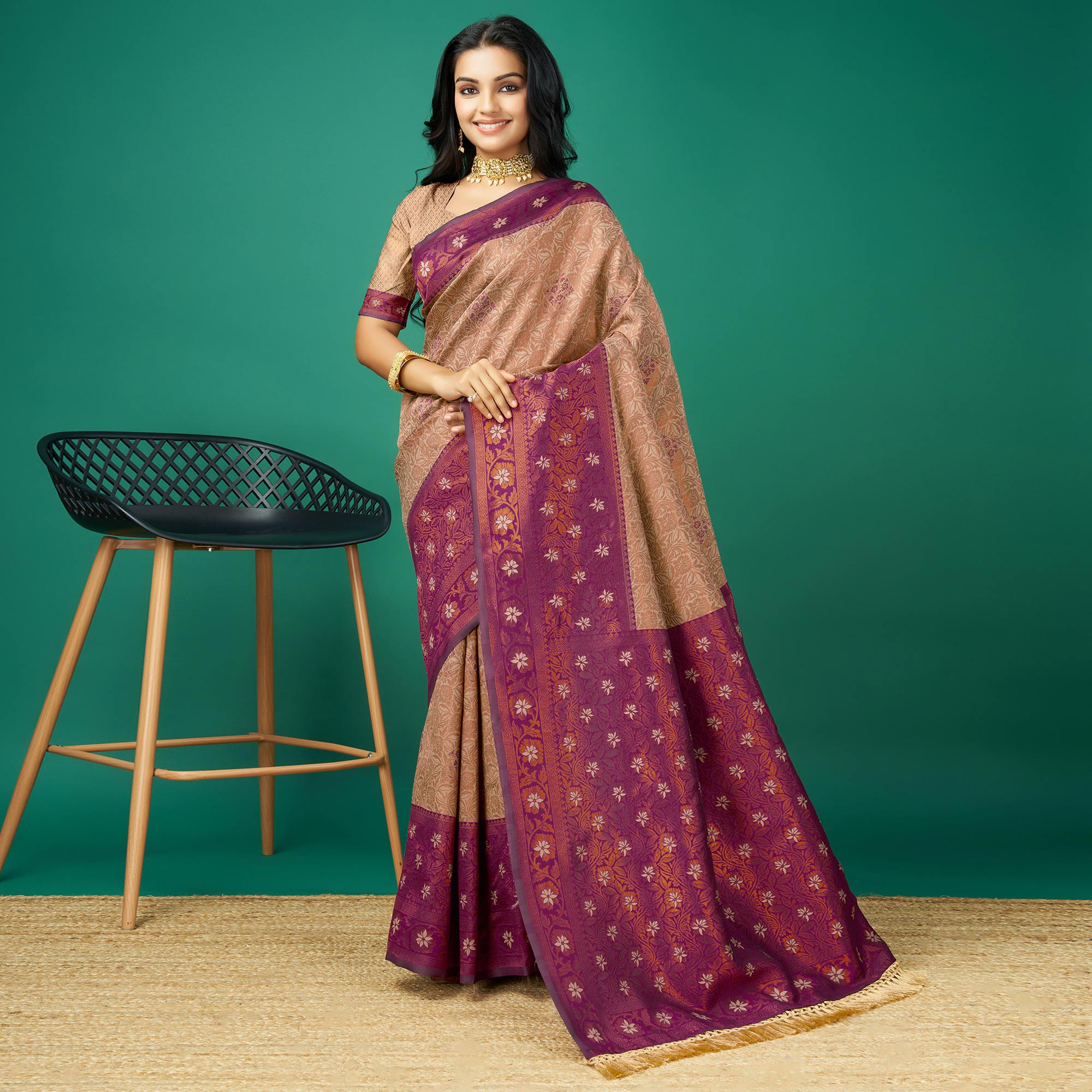 Peachmode Chikoo Zari Woven Banarasi Silk Saree With Tassels - view 2