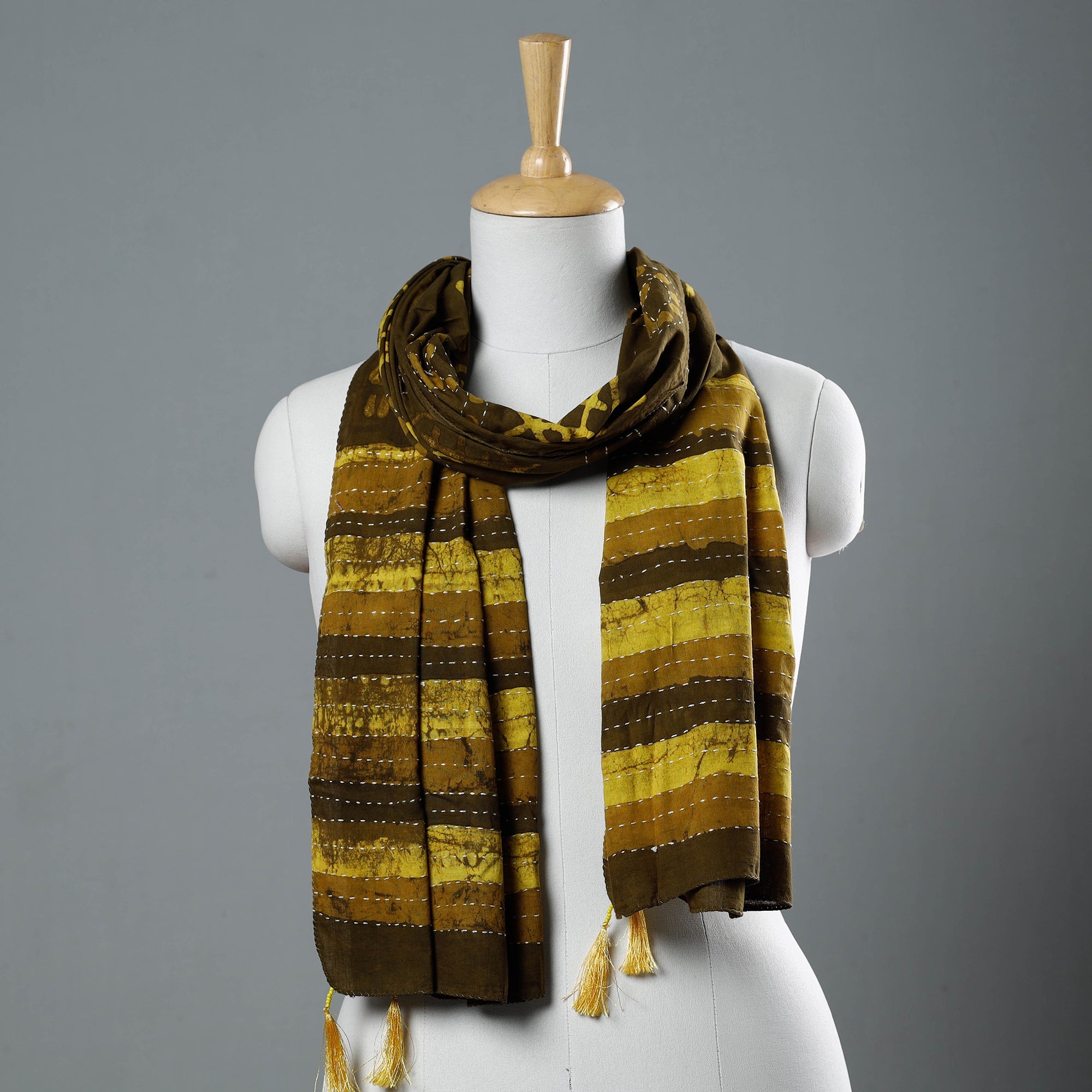 ARTISAN HAND BLOCK PRINTS Brown - Bagru Block Printed Tagai Work Cotton Stole with Tassels