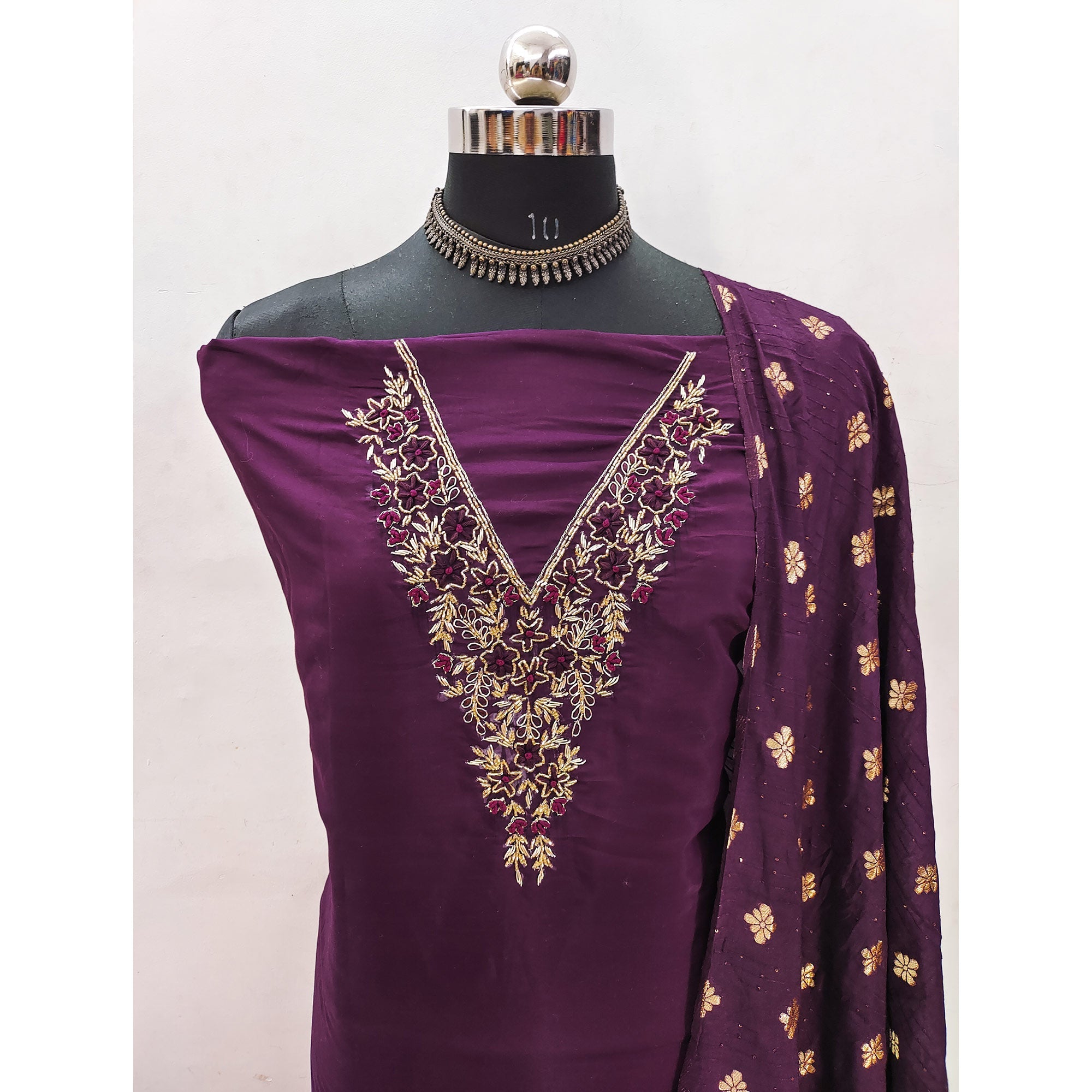 Peachmode Purple Beads Embroidered Viscose Dress Material - view 4