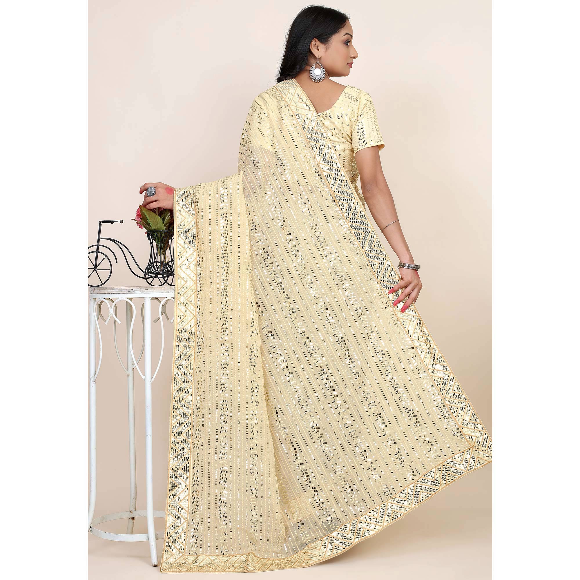 Peachmode Light Chikoo Sequins Embroidered Georgette Saree - view 5