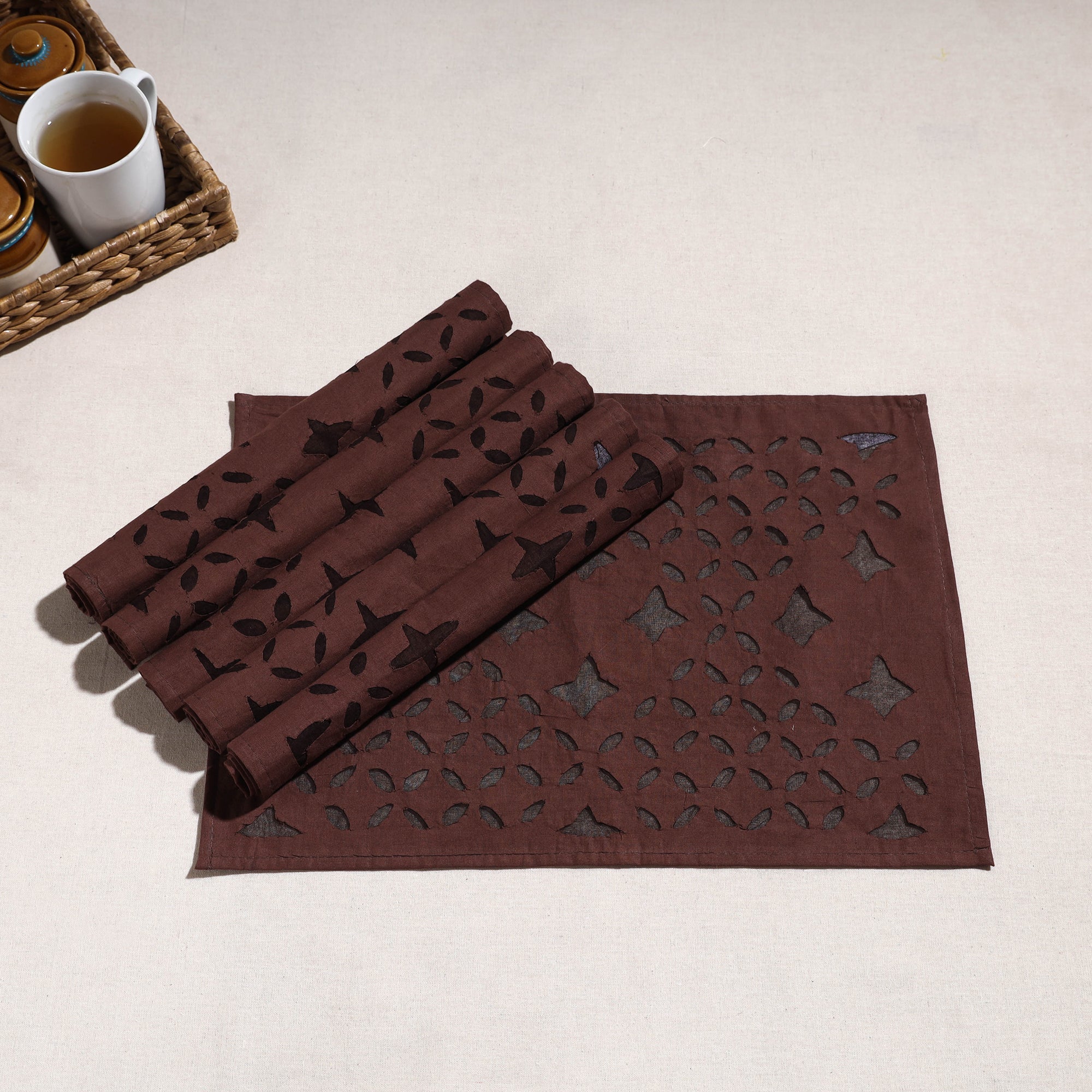 SHADES OF MARUDHARA Brown - Applique Cut work Cotton Table Mats (set of 6) - view 2